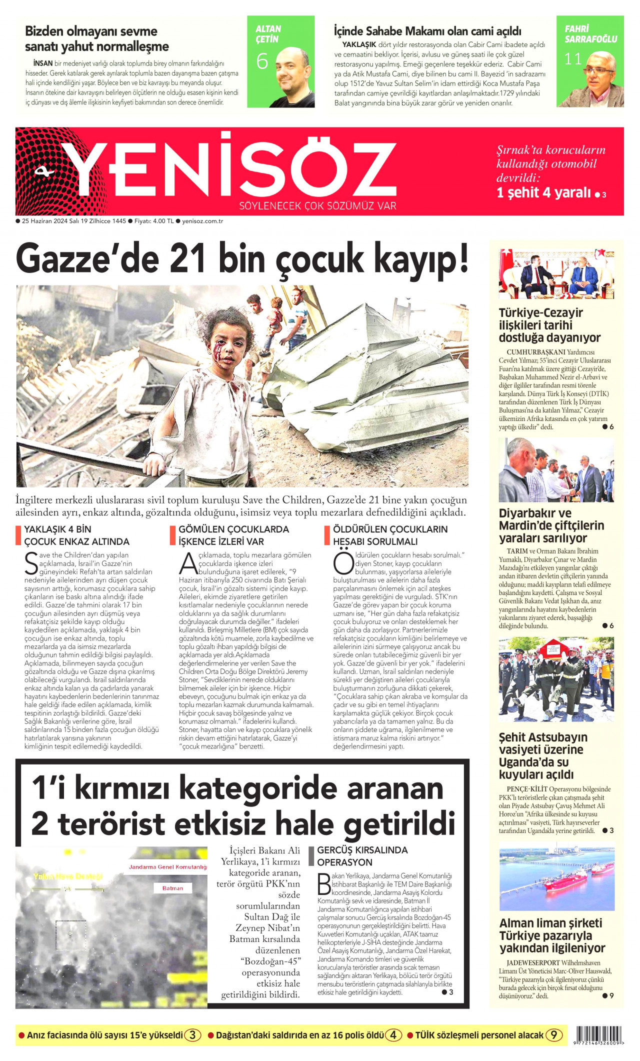 YENİ SÖZ GAZETESİ gazetesinin 25 Haziran 2024 tarihli birinci sayfası