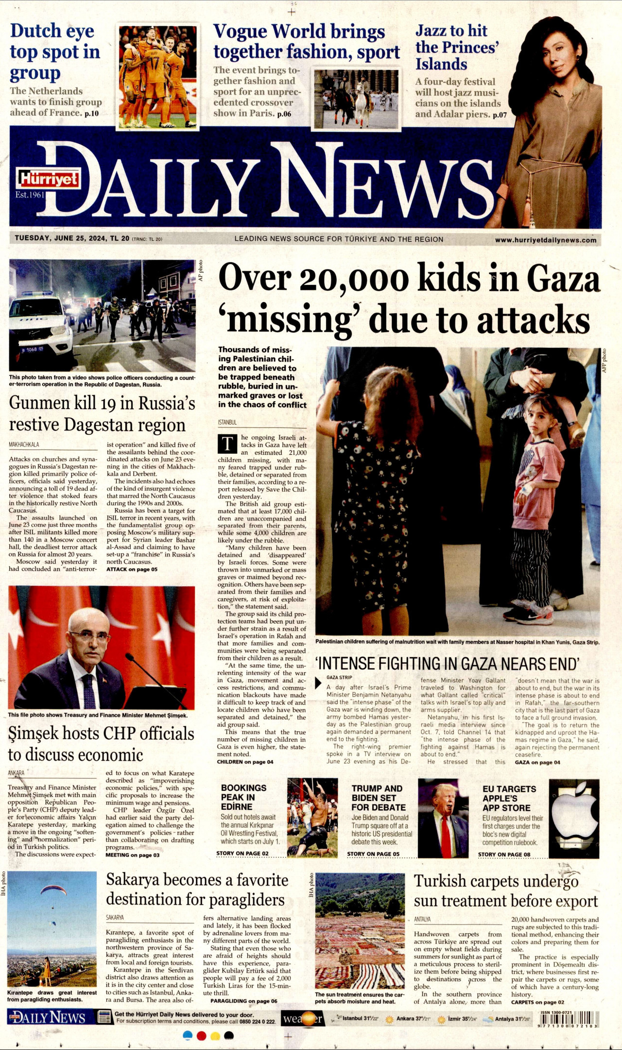 HÜRRİYET DAİLY NEWS gazetesinin 25 Haziran 2024 tarihli birinci sayfası