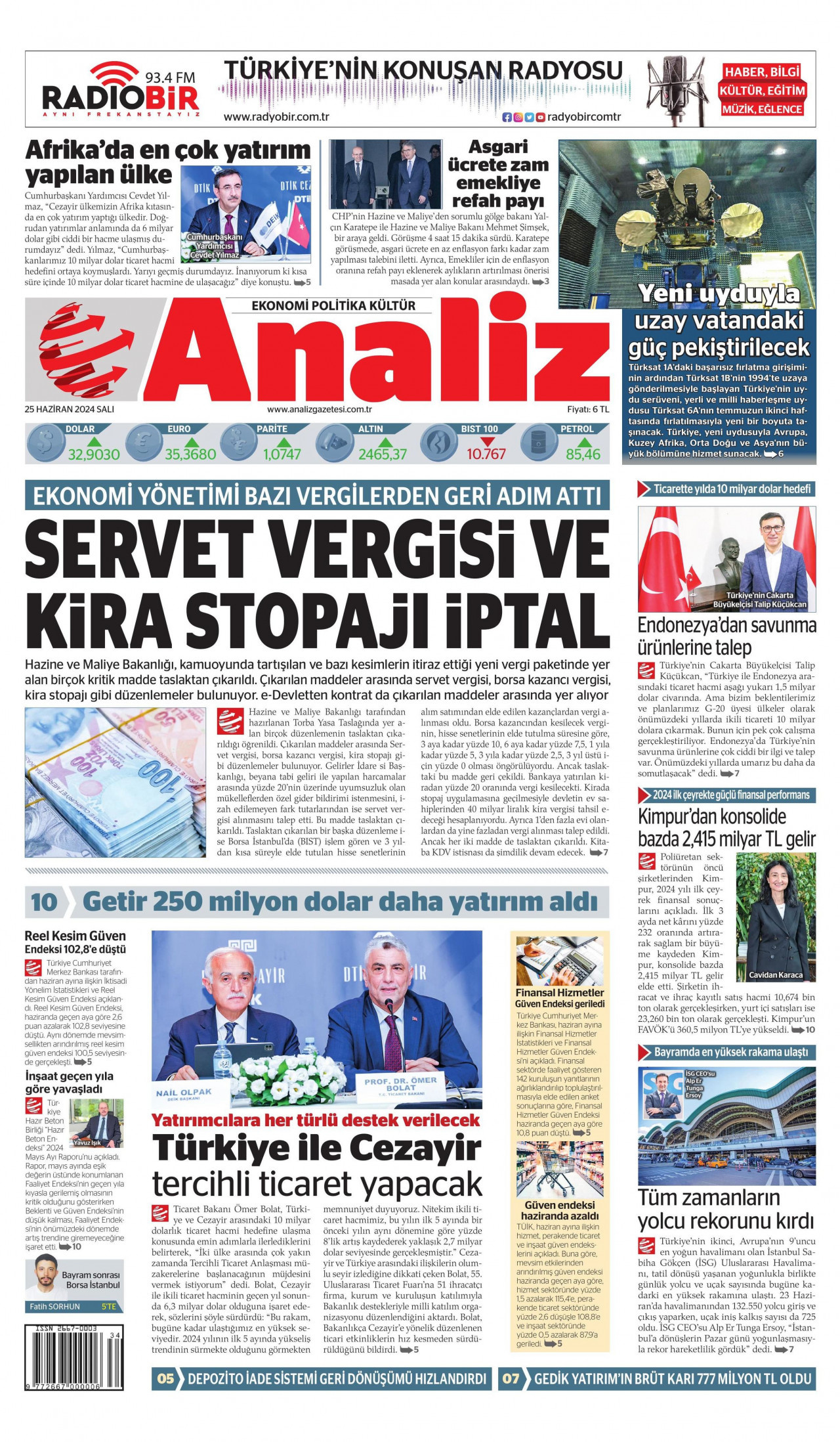 ANALİZ gazetesinin 25 Haziran 2024 tarihli birinci sayfası