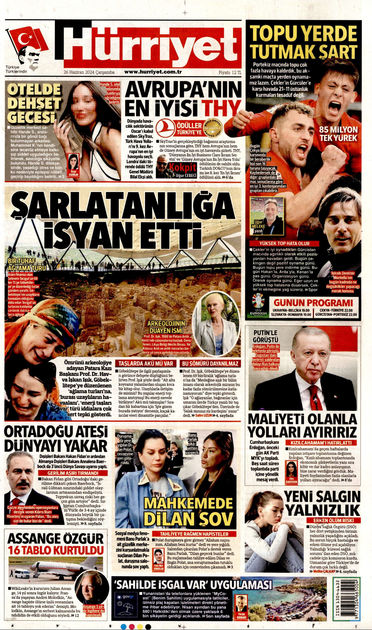 HÜRRİYET gazetesinin 26 Haziran 2024 tarihli birinci sayfası