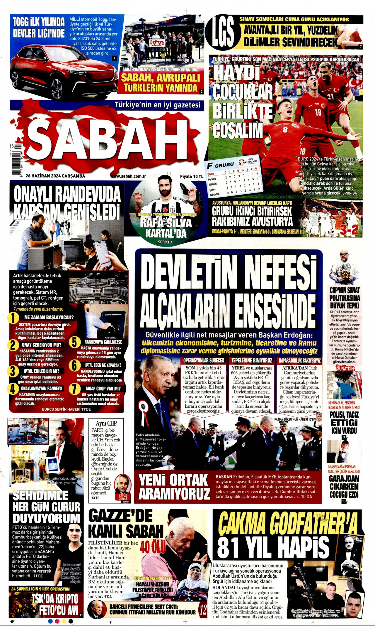 SABAH gazetesinin 26 Haziran 2024 tarihli birinci sayfası