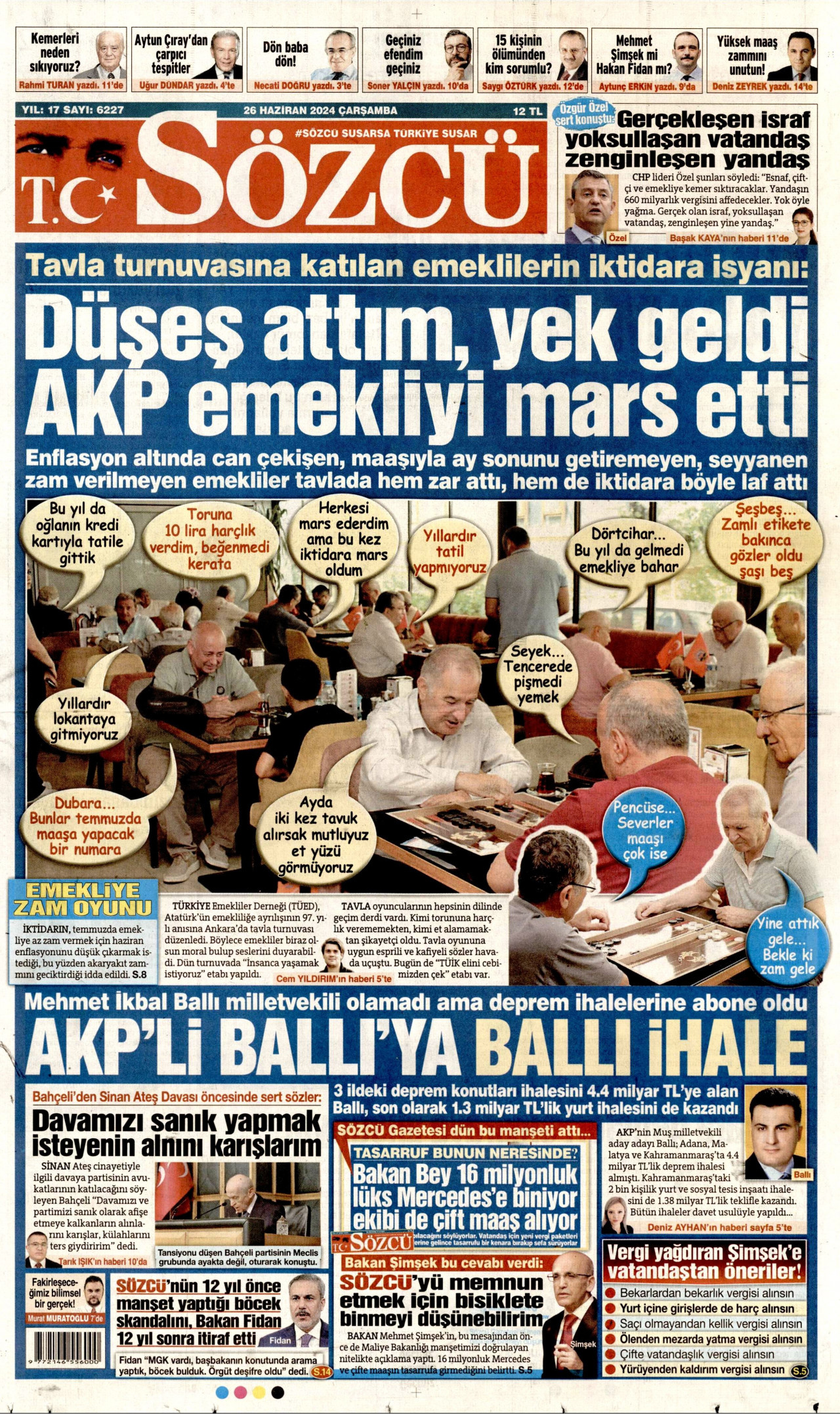 SÖZCÜ gazetesinin 26 Haziran 2024 tarihli birinci sayfası