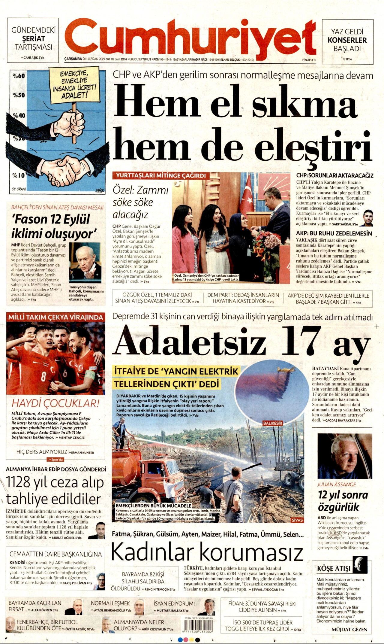 CUMHURİYET gazetesinin 26 Haziran 2024 tarihli birinci sayfası