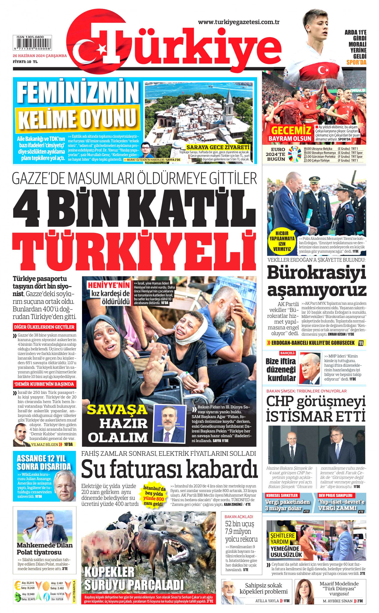 TÜRKİYE GAZETESİ gazetesinin 26 Haziran 2024 tarihli birinci sayfası