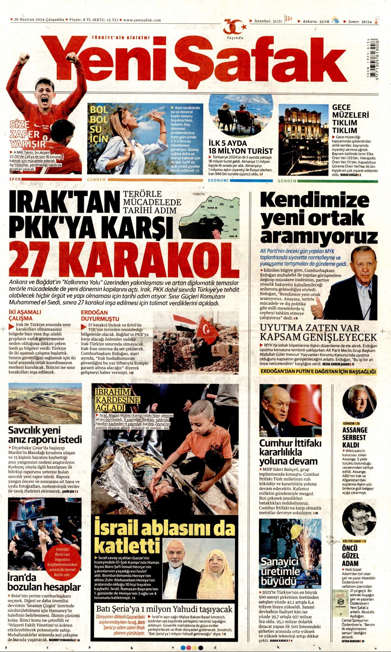 YENİ ŞAFAK gazetesinin 26 Haziran 2024 tarihli birinci sayfası