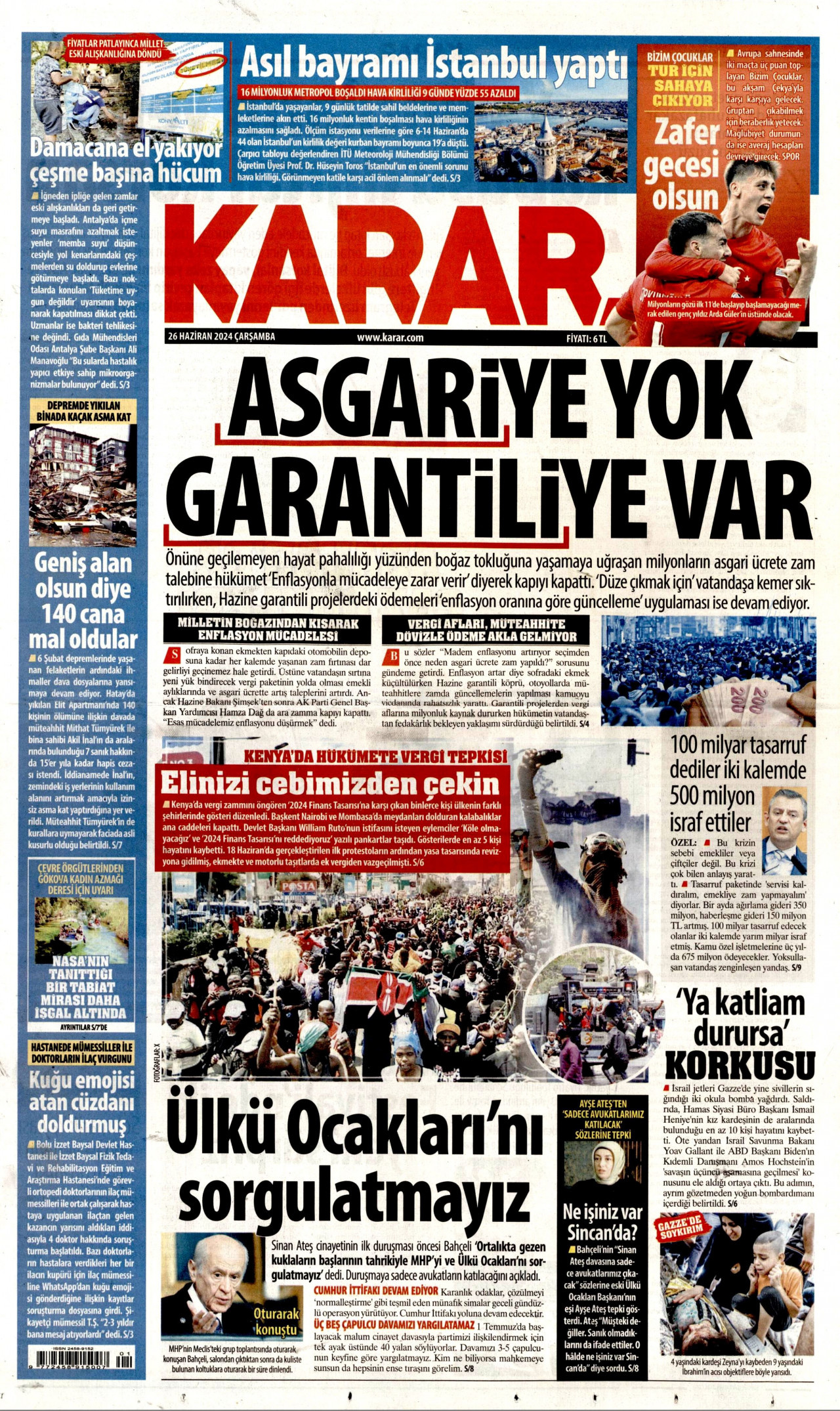 KARAR gazetesinin 26 Haziran 2024 tarihli birinci sayfası