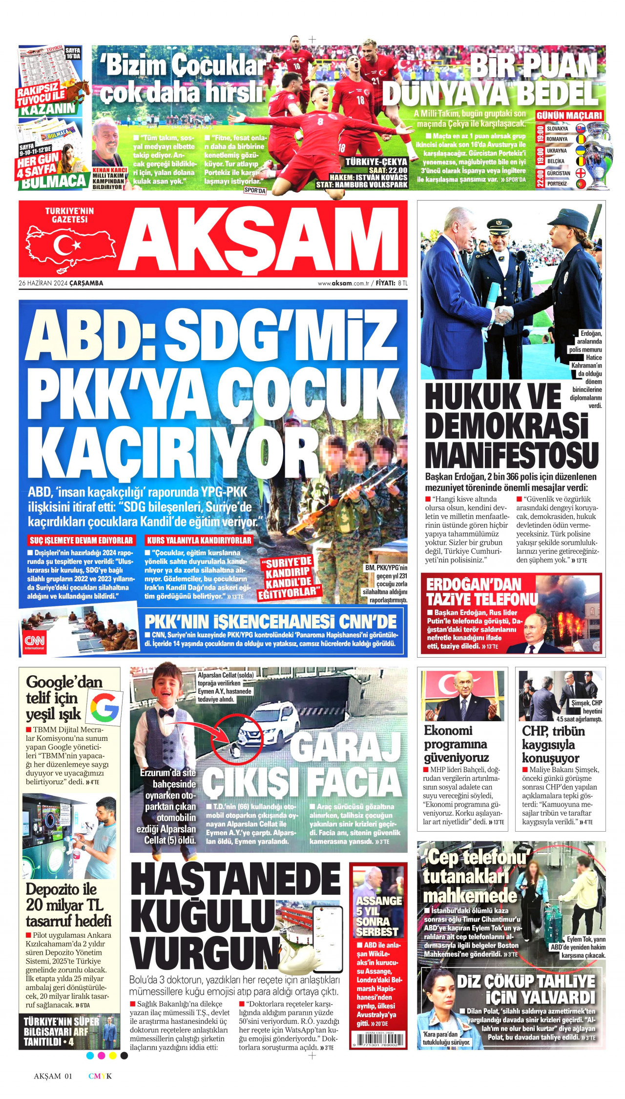 AKŞAM gazetesinin 26 Haziran 2024 tarihli birinci sayfası