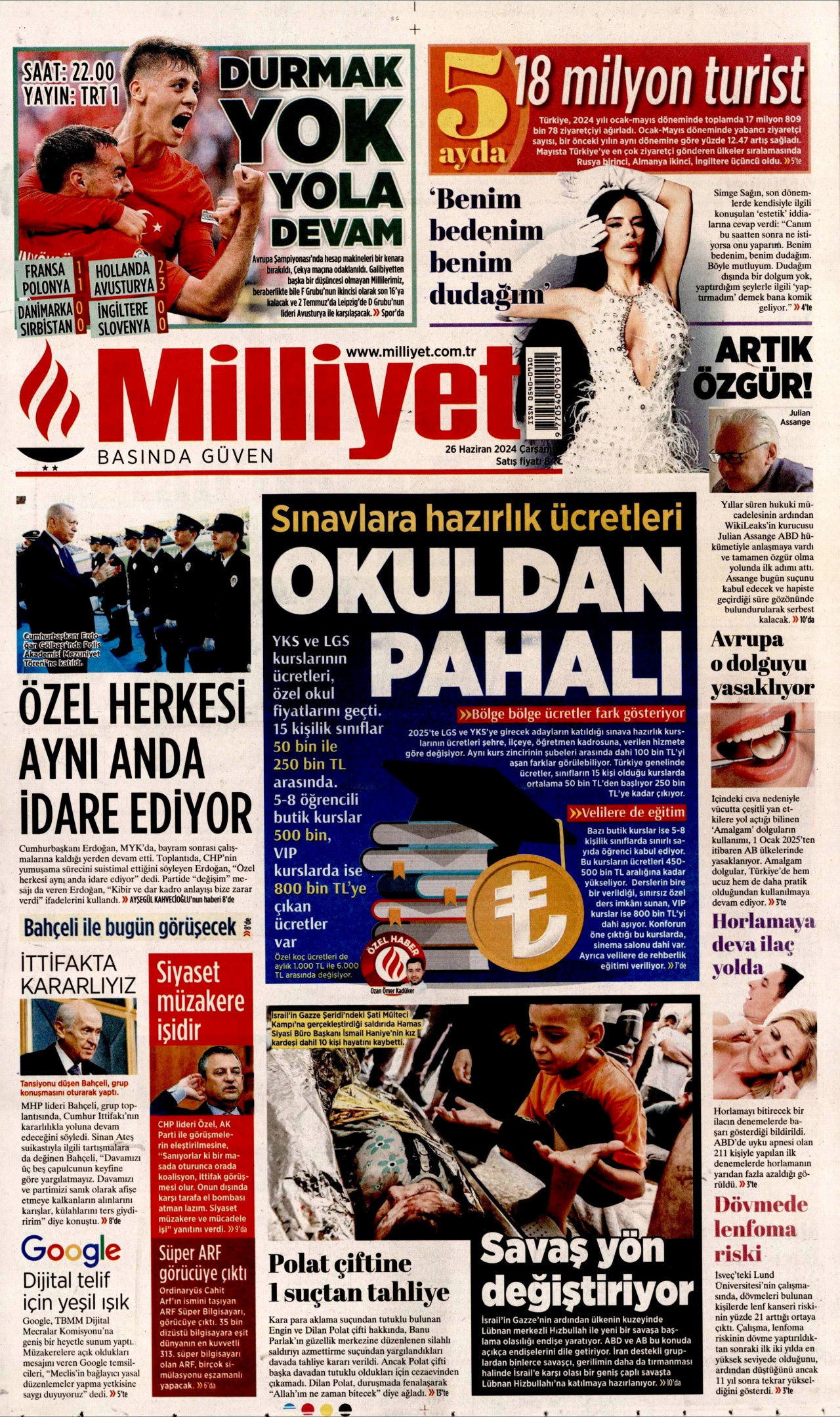 MİLLİYET gazetesinin 26 Haziran 2024 tarihli birinci sayfası