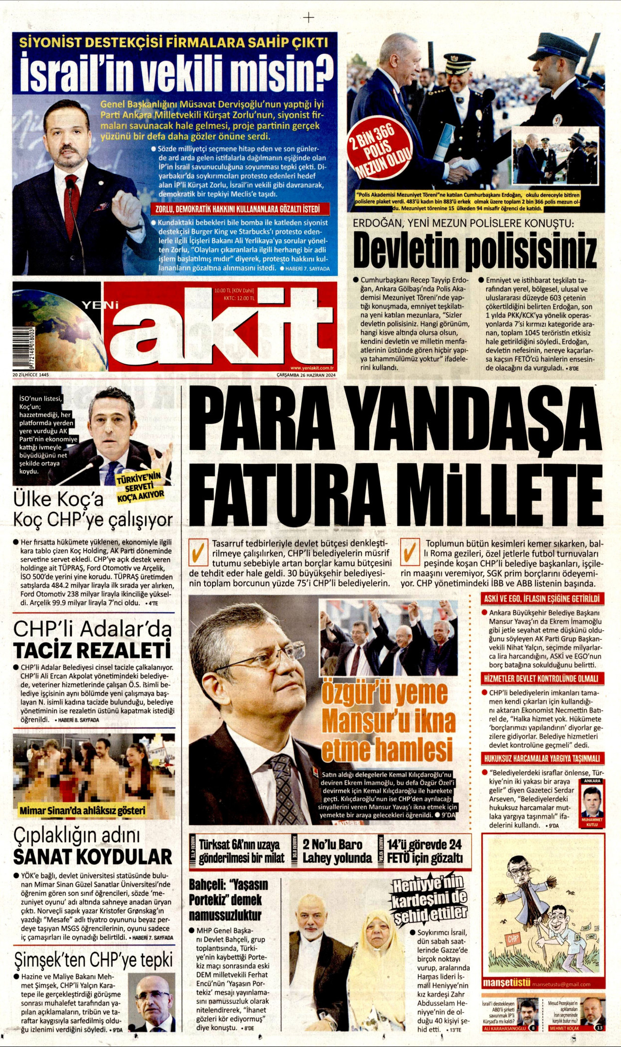 YENİ AKİT gazetesinin 26 Haziran 2024 tarihli birinci sayfası