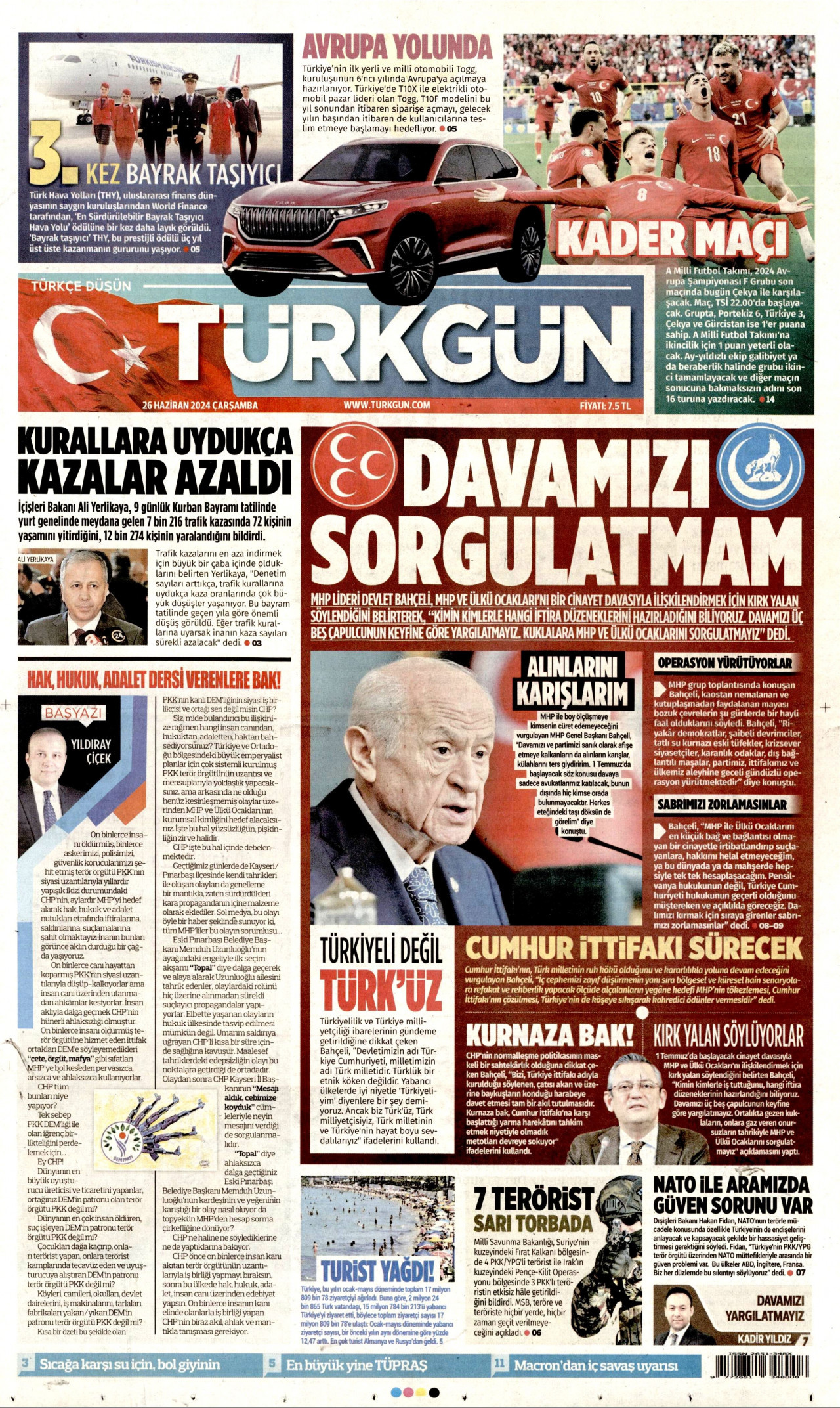 TÜRKGÜN gazetesinin 26 Haziran 2024 tarihli birinci sayfası