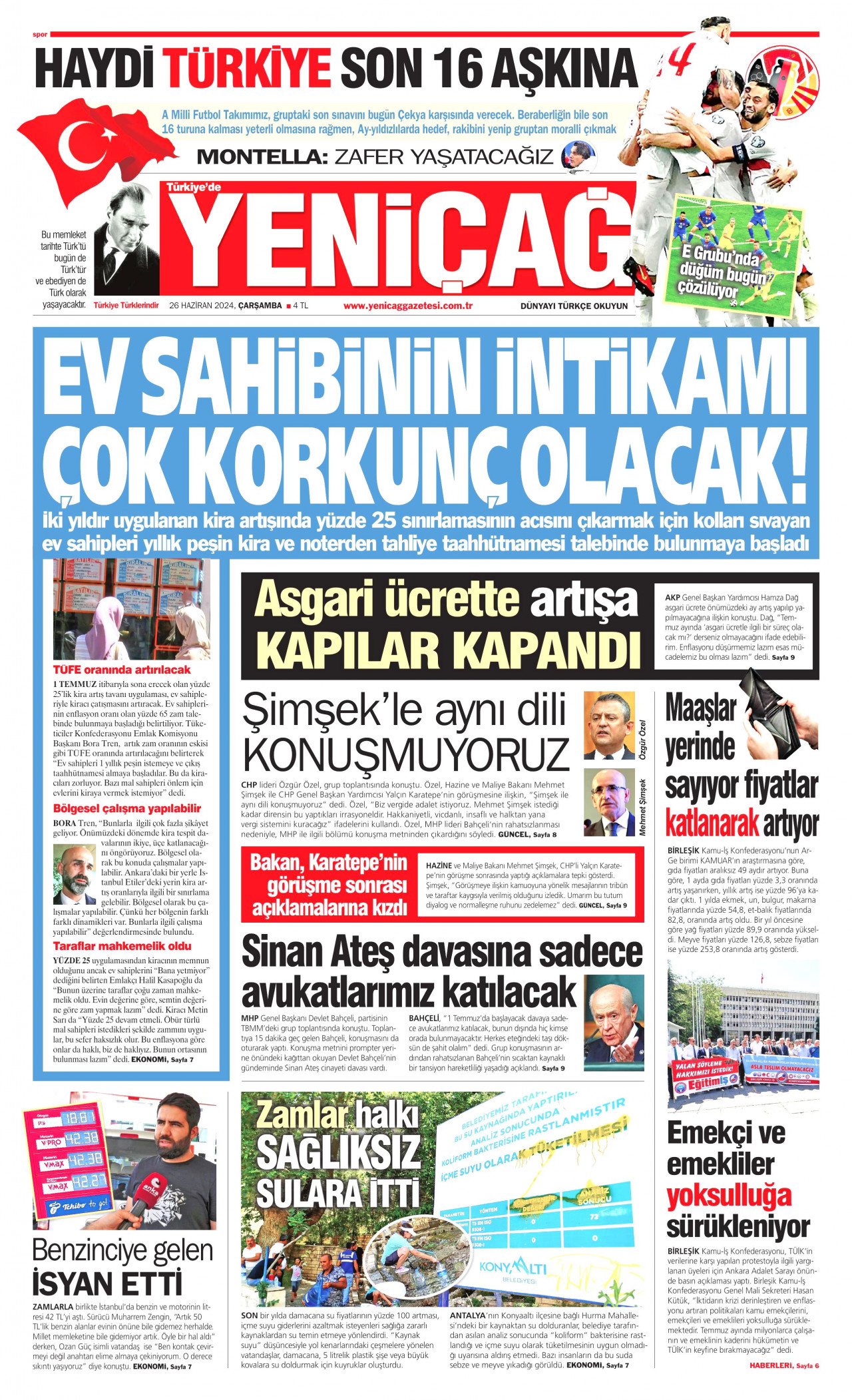 YENİÇAĞ gazetesinin 26 Haziran 2024 tarihli birinci sayfası