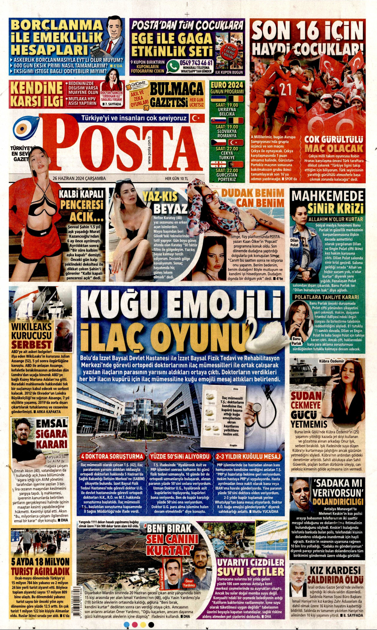 POSTA gazetesinin 26 Haziran 2024 tarihli birinci sayfası