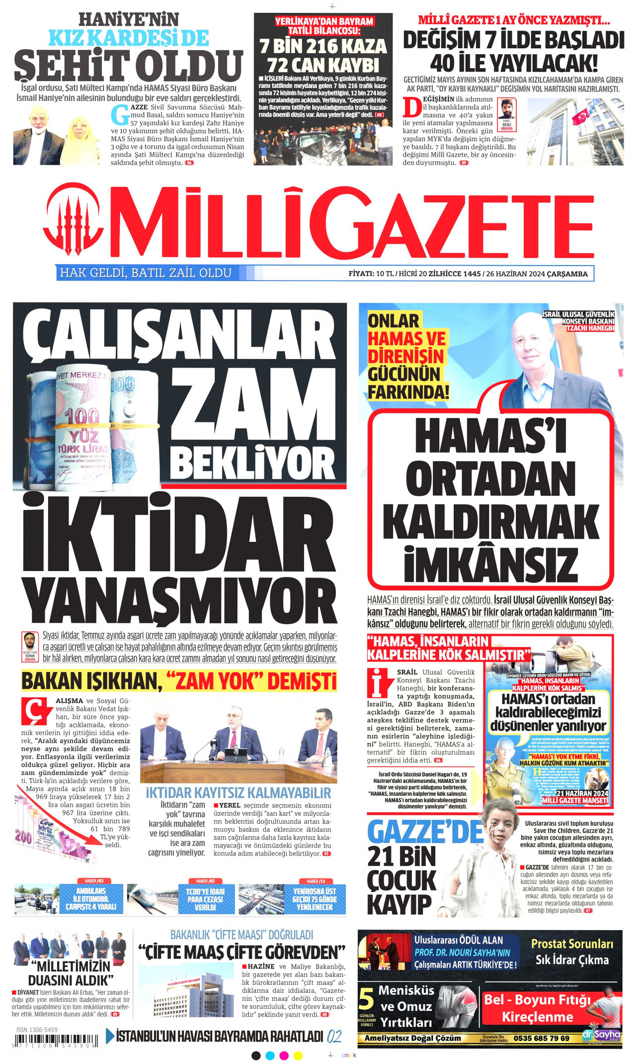 MİLLİ GAZETE gazetesinin 26 Haziran 2024 tarihli birinci sayfası