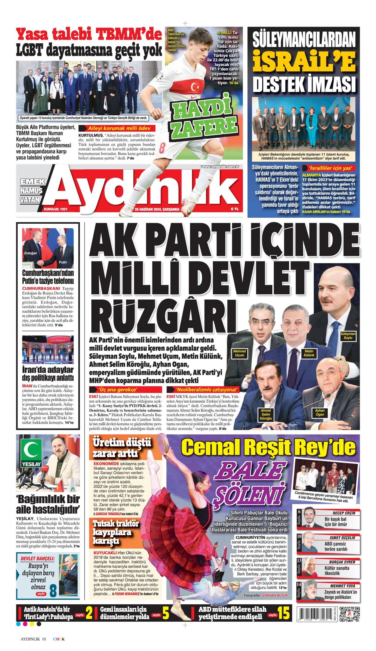 AYDINLIK GAZETESİ gazetesinin 26 Haziran 2024 tarihli birinci sayfası