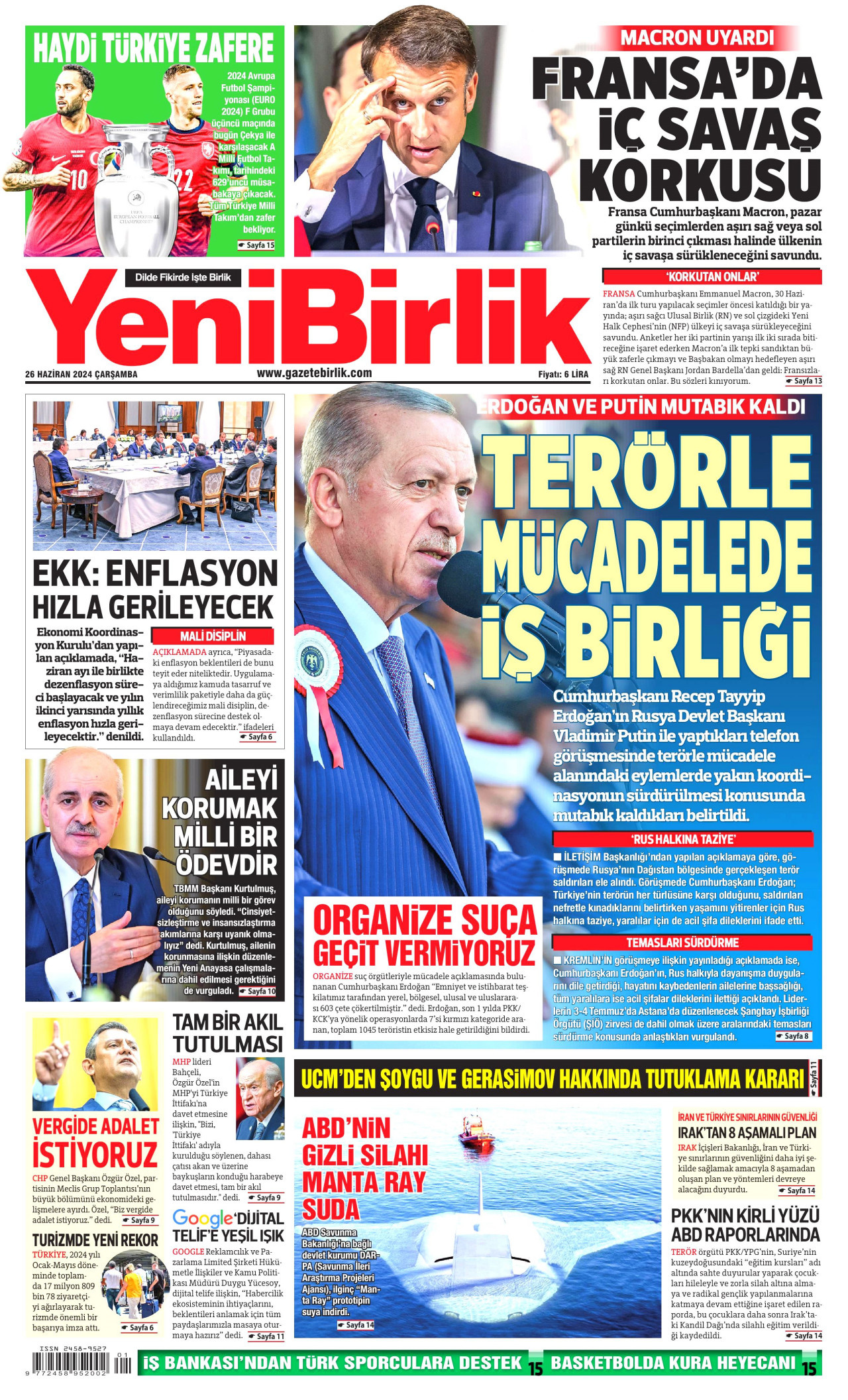 YENİBİRLİK gazetesinin 26 Haziran 2024 tarihli birinci sayfası