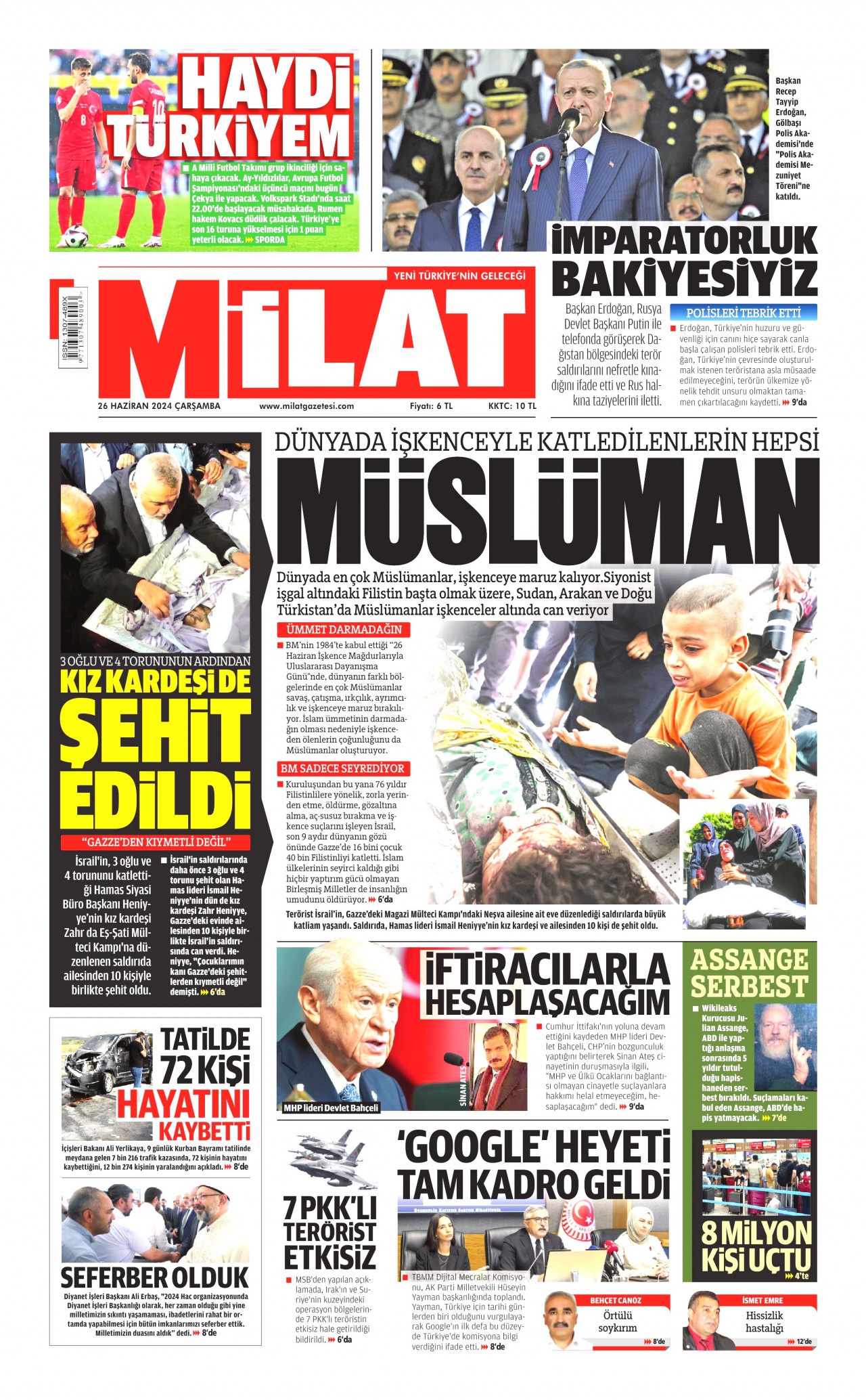 MİLAT gazetesinin 26 Haziran 2024 tarihli birinci sayfası