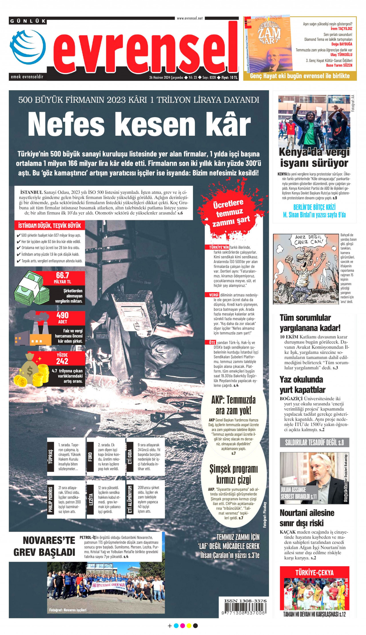 EVRENSEL gazetesinin 26 Haziran 2024 tarihli birinci sayfası