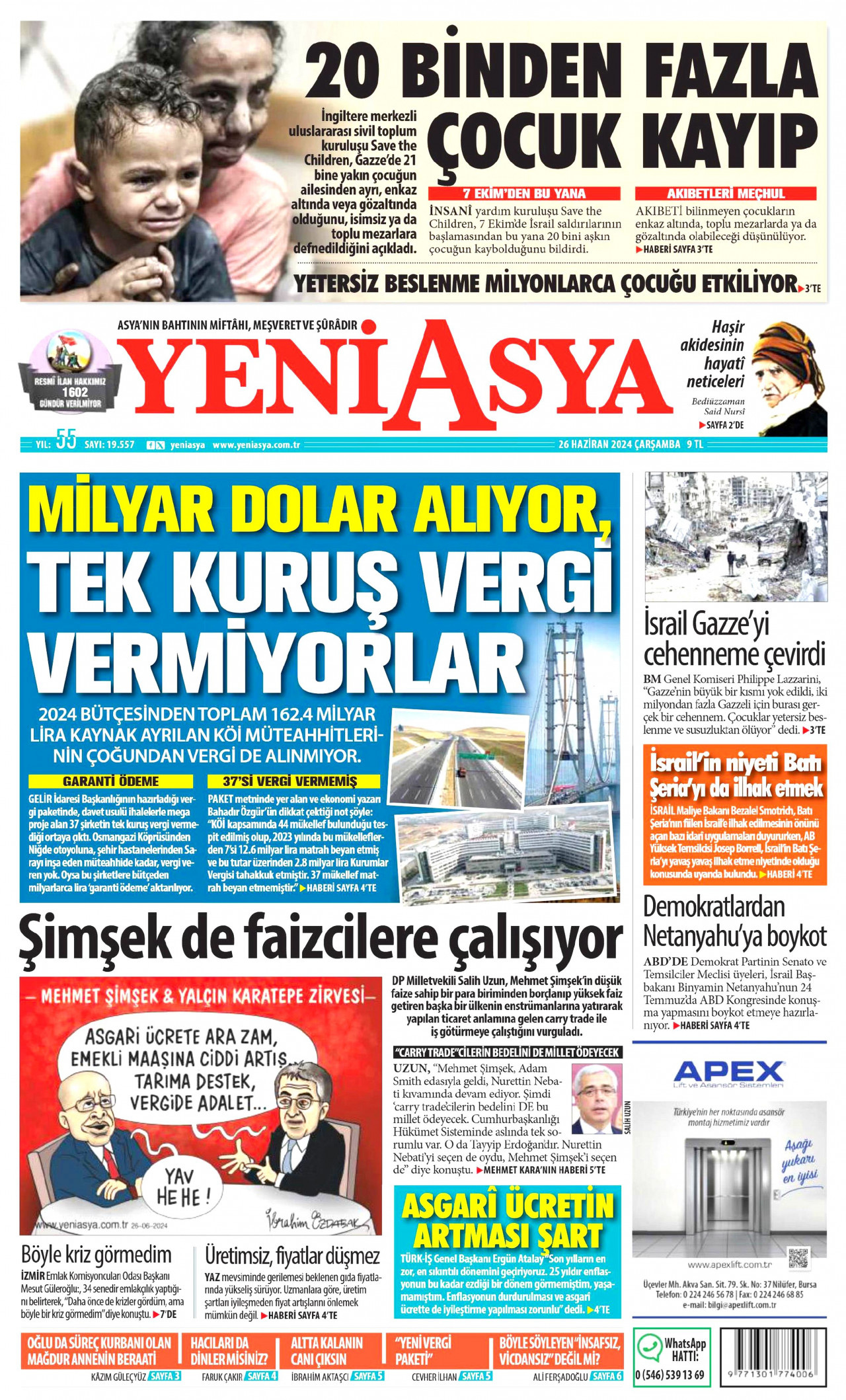 YENİ ASYA gazetesinin 26 Haziran 2024 tarihli birinci sayfası