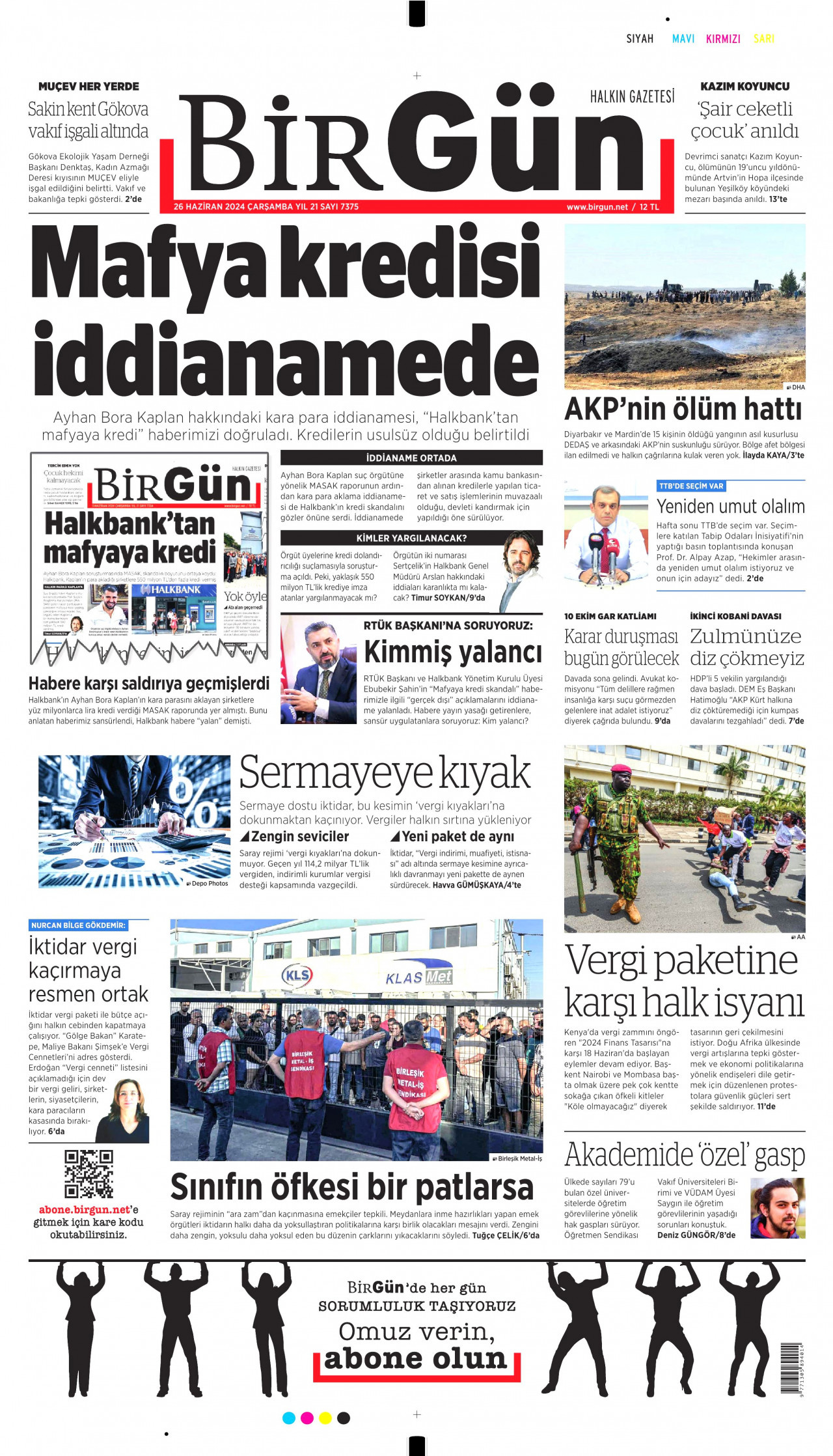 BİRGÜN gazetesinin 26 Haziran 2024 tarihli birinci sayfası