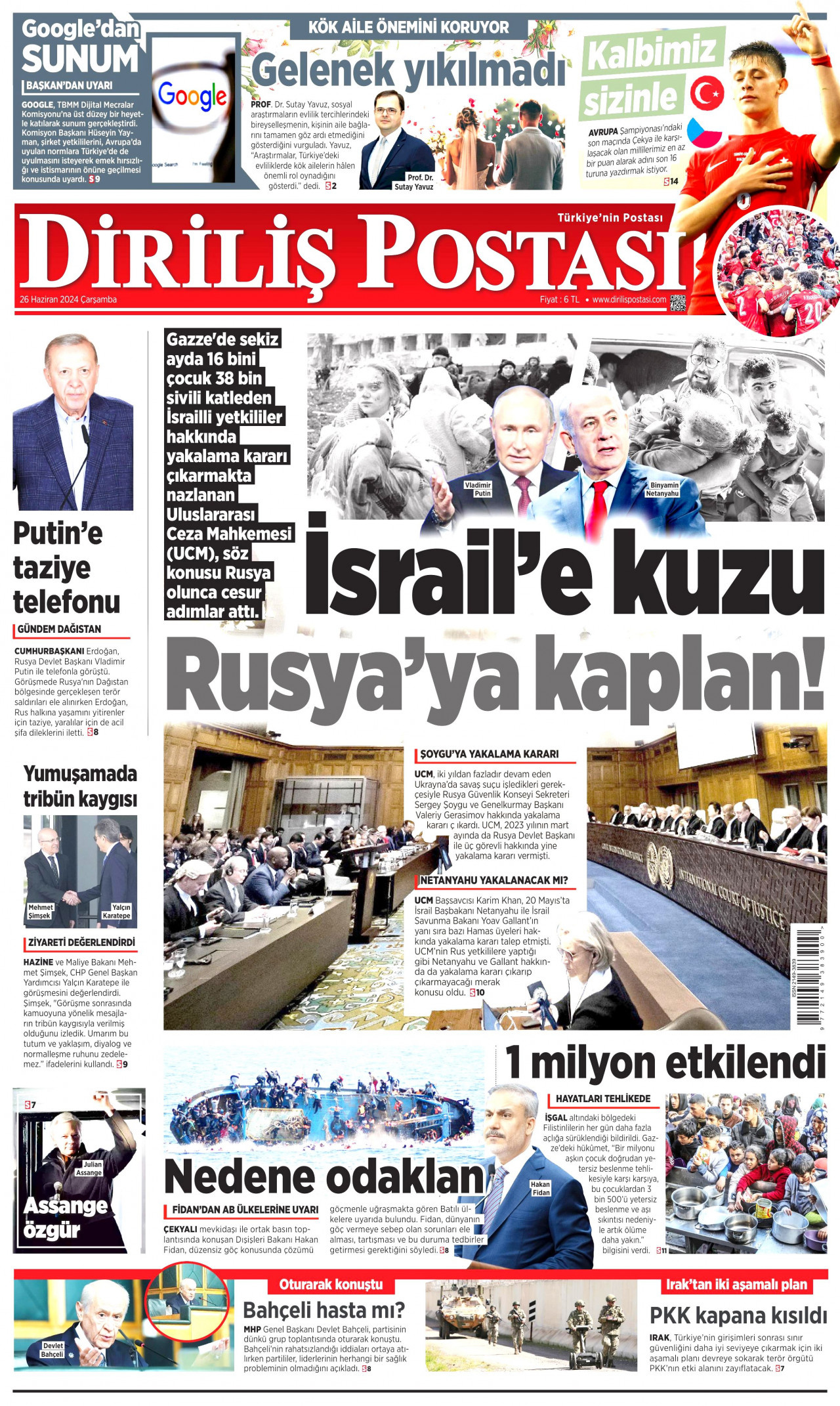 DİRİLİŞ POSTASI gazetesinin 26 Haziran 2024 tarihli birinci sayfası