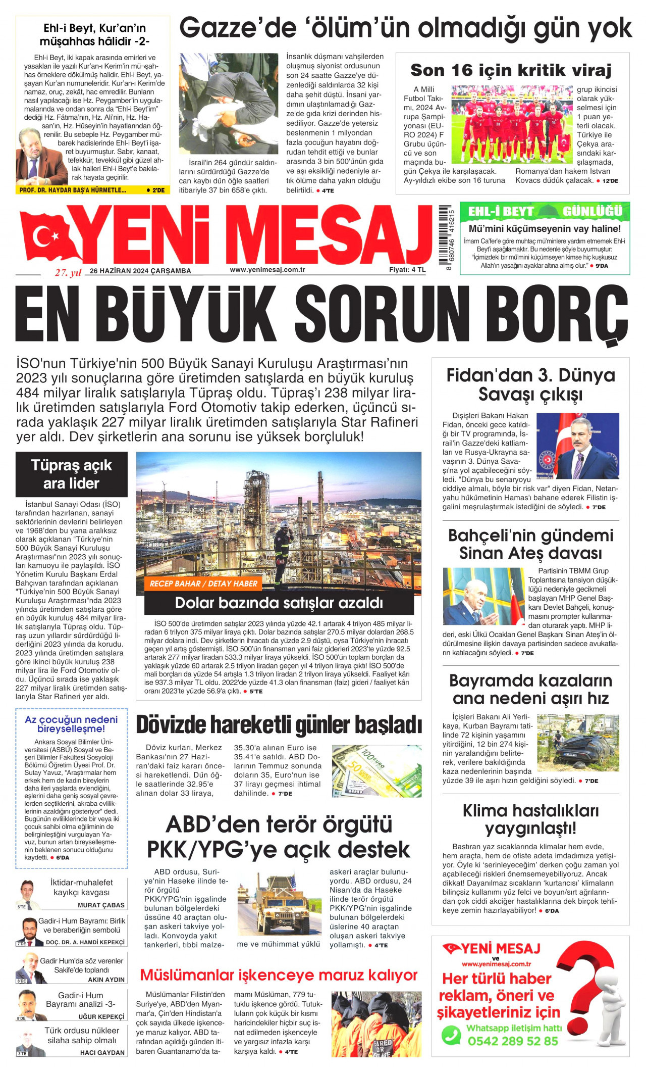 YENİ MESAJ gazetesinin 26 Haziran 2024 tarihli birinci sayfası