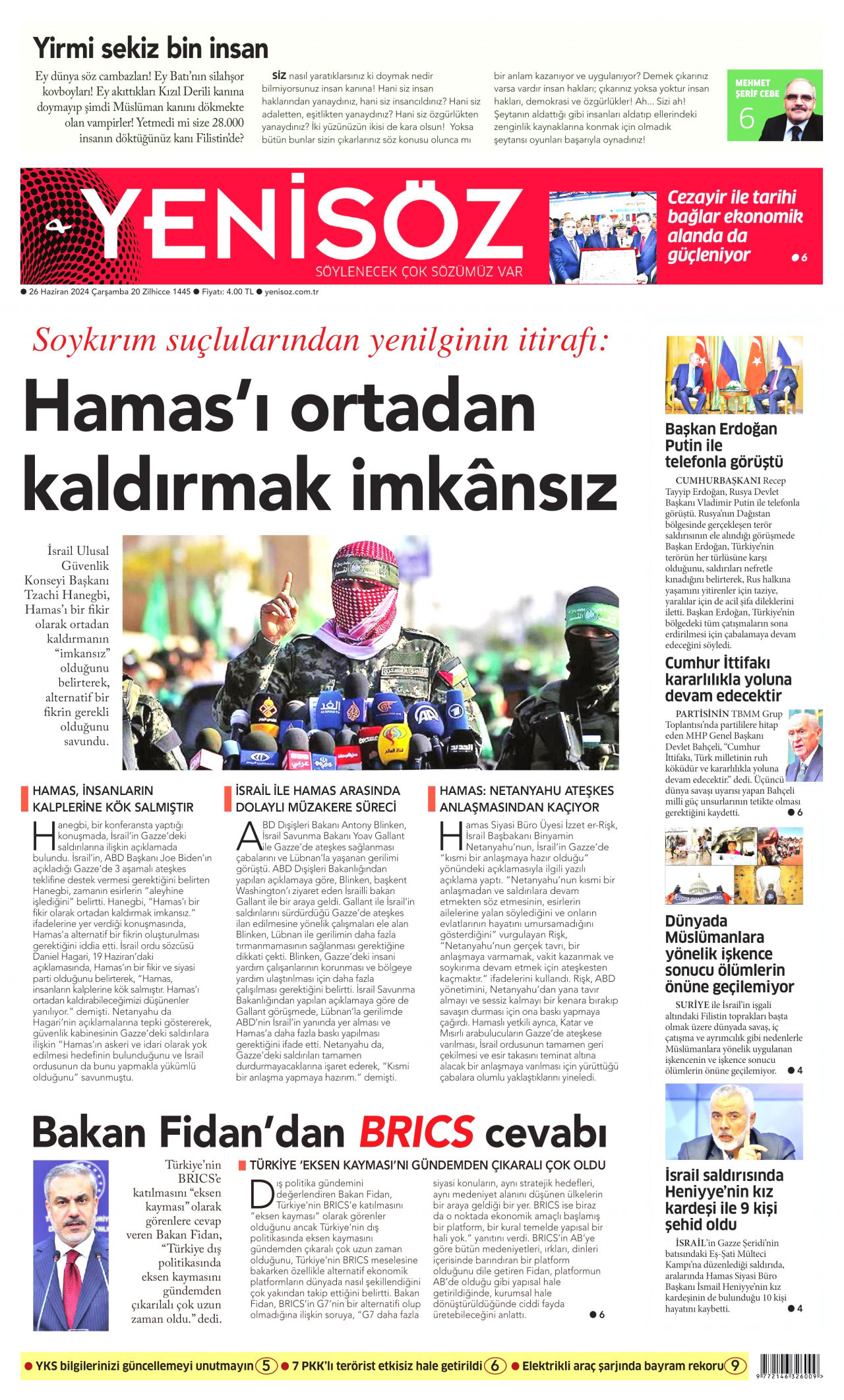 YENİ SÖZ GAZETESİ gazetesinin 26 Haziran 2024 tarihli birinci sayfası