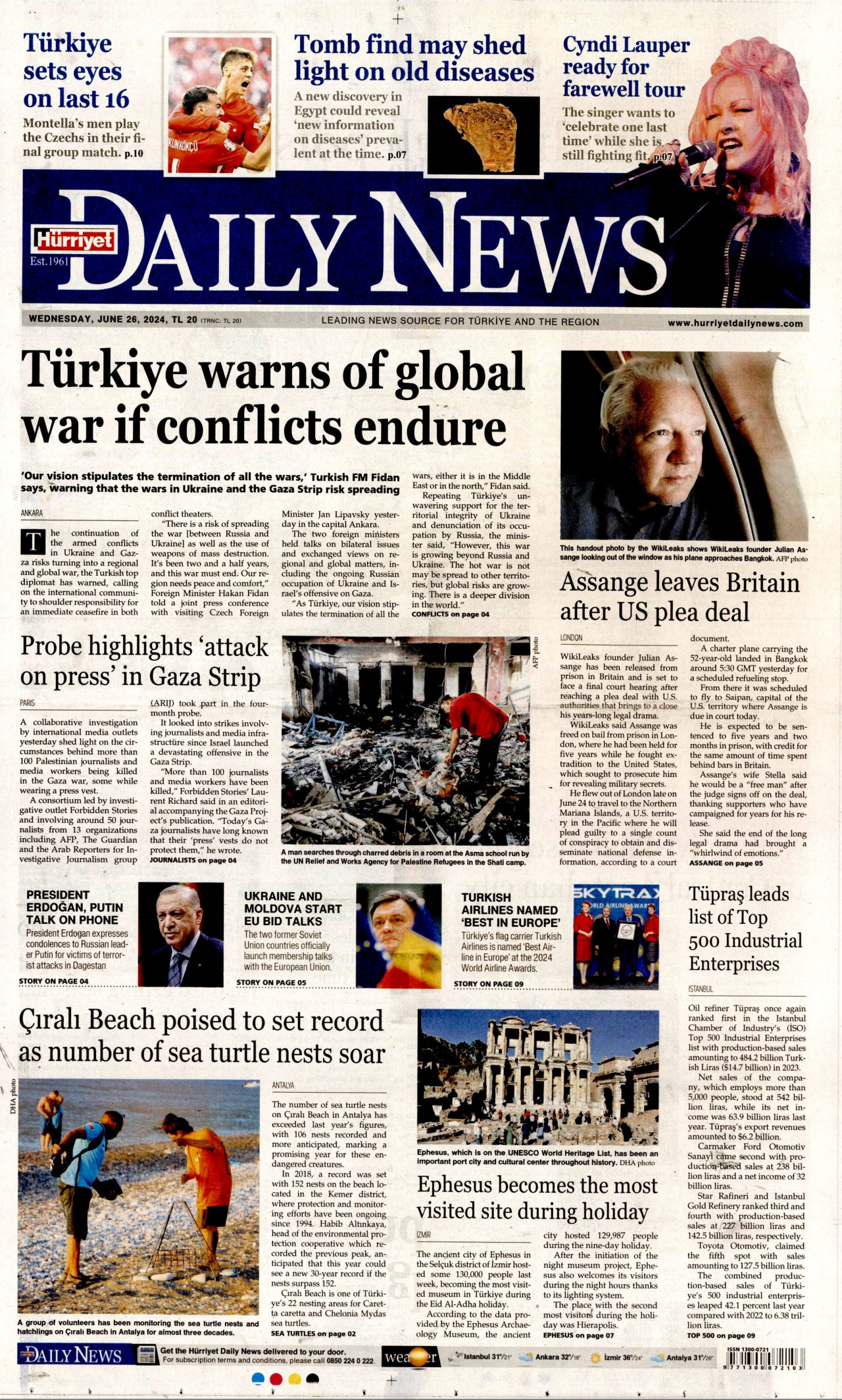 HÜRRİYET DAİLY NEWS gazetesinin 26 Haziran 2024 tarihli birinci sayfası