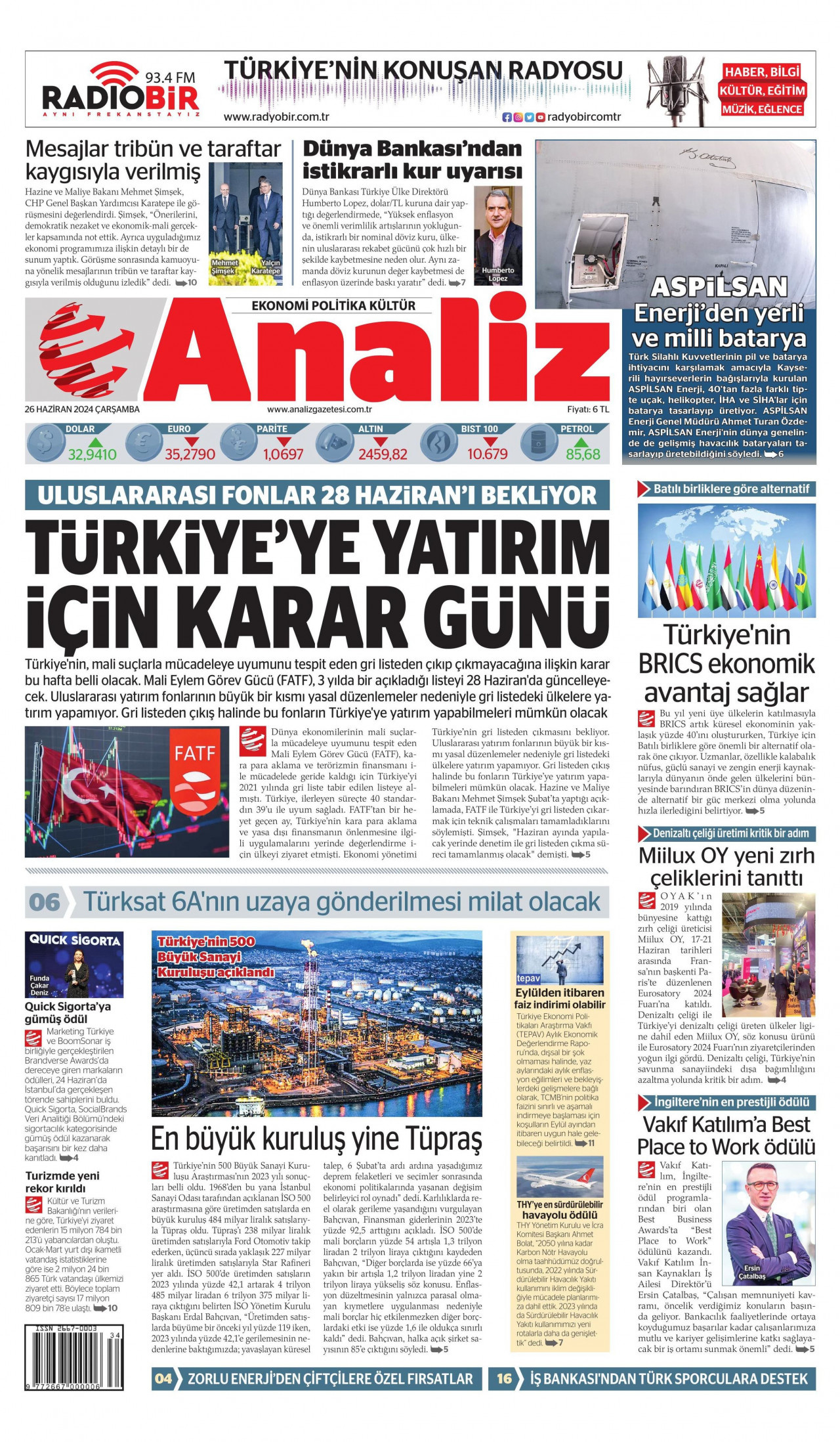 ANALİZ gazetesinin 26 Haziran 2024 tarihli birinci sayfası