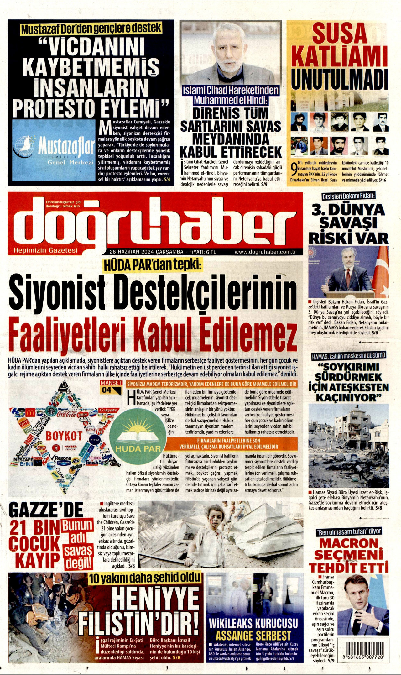 DOĞRU HABER gazetesinin 26 Haziran 2024 tarihli birinci sayfası
