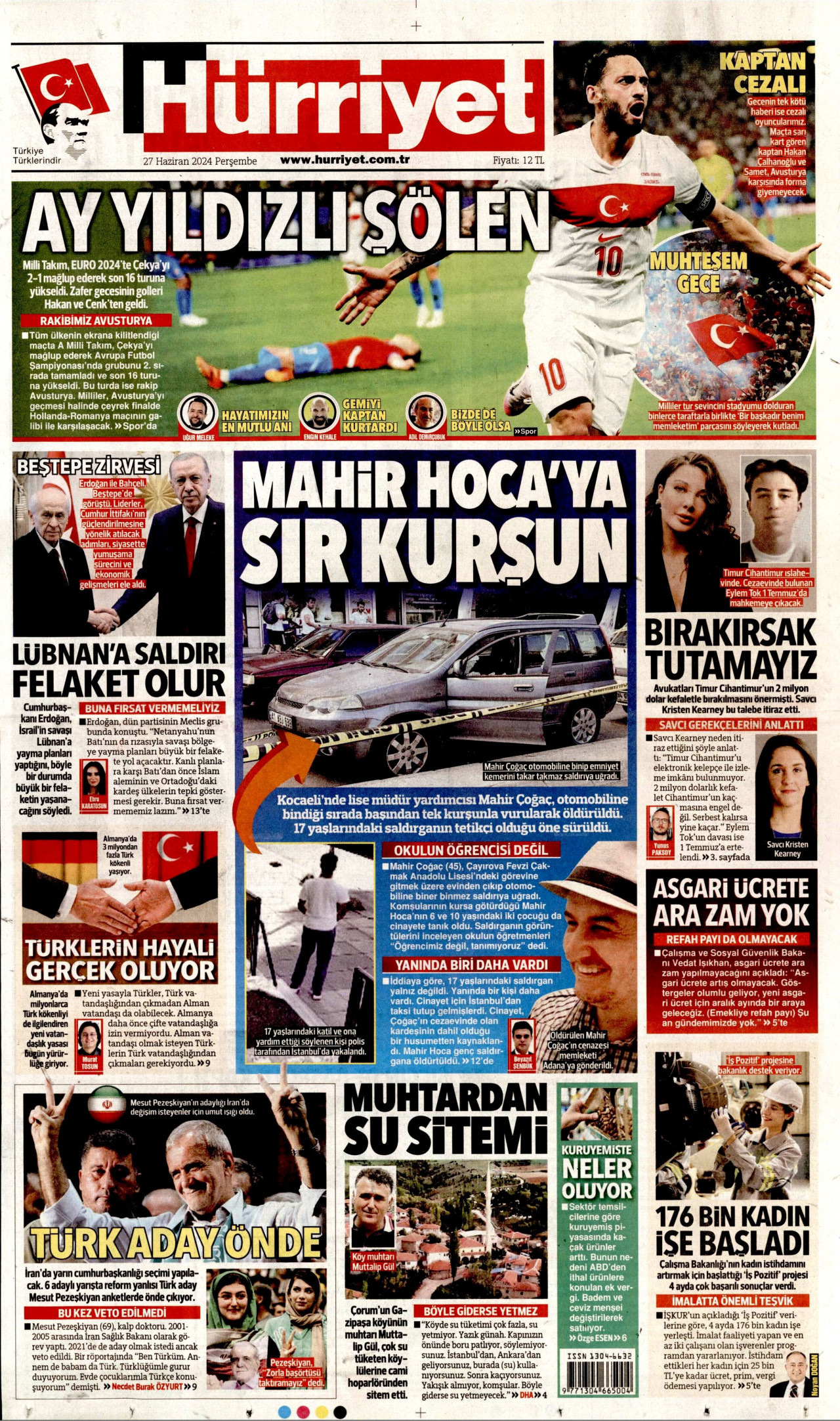 HÜRRİYET gazetesinin 27 Haziran 2024 tarihli birinci sayfası