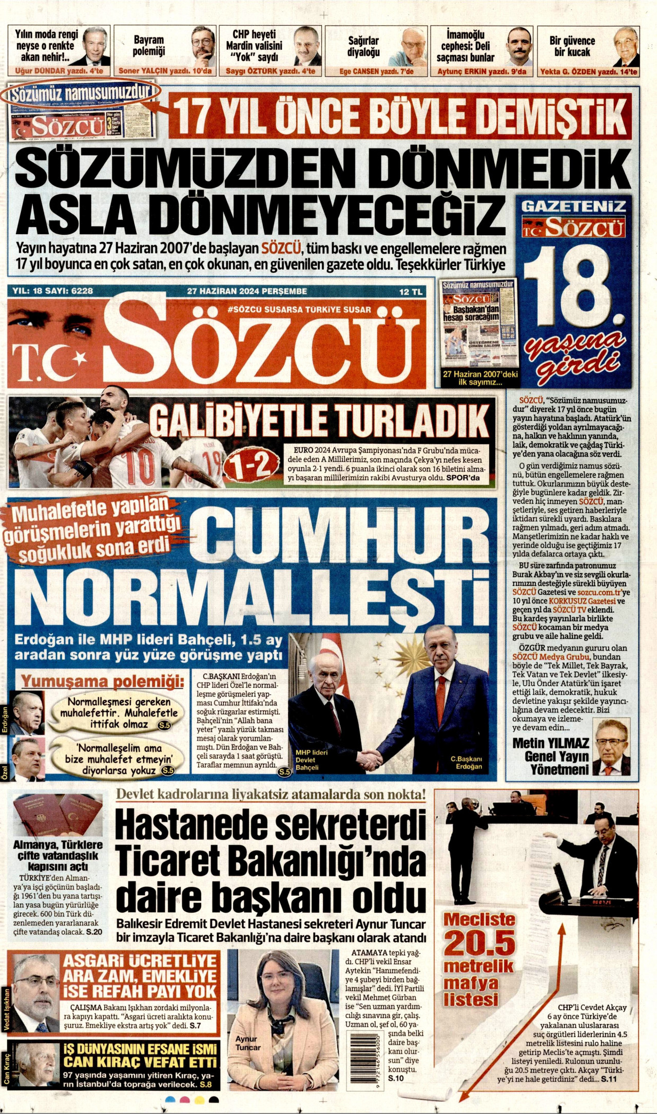 SÖZCÜ gazetesinin 27 Haziran 2024 tarihli birinci sayfası