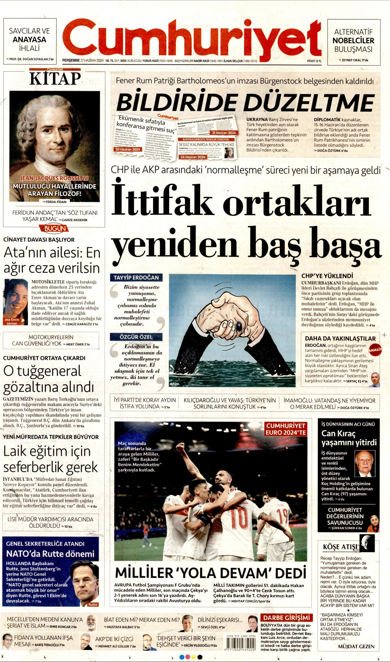 CUMHURİYET gazetesinin 27 Haziran 2024 tarihli birinci sayfası