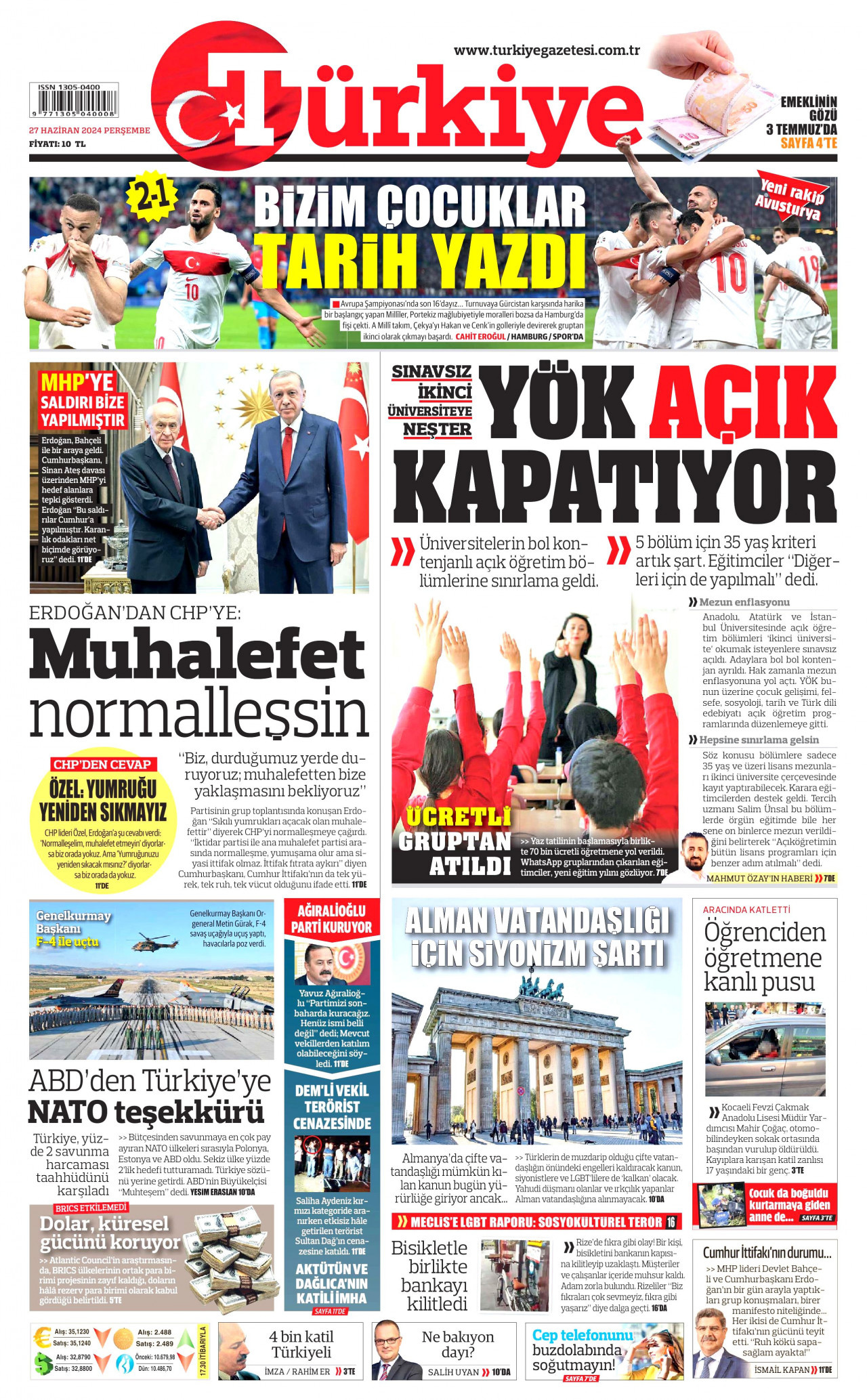TÜRKİYE GAZETESİ gazetesinin 27 Haziran 2024 tarihli birinci sayfası
