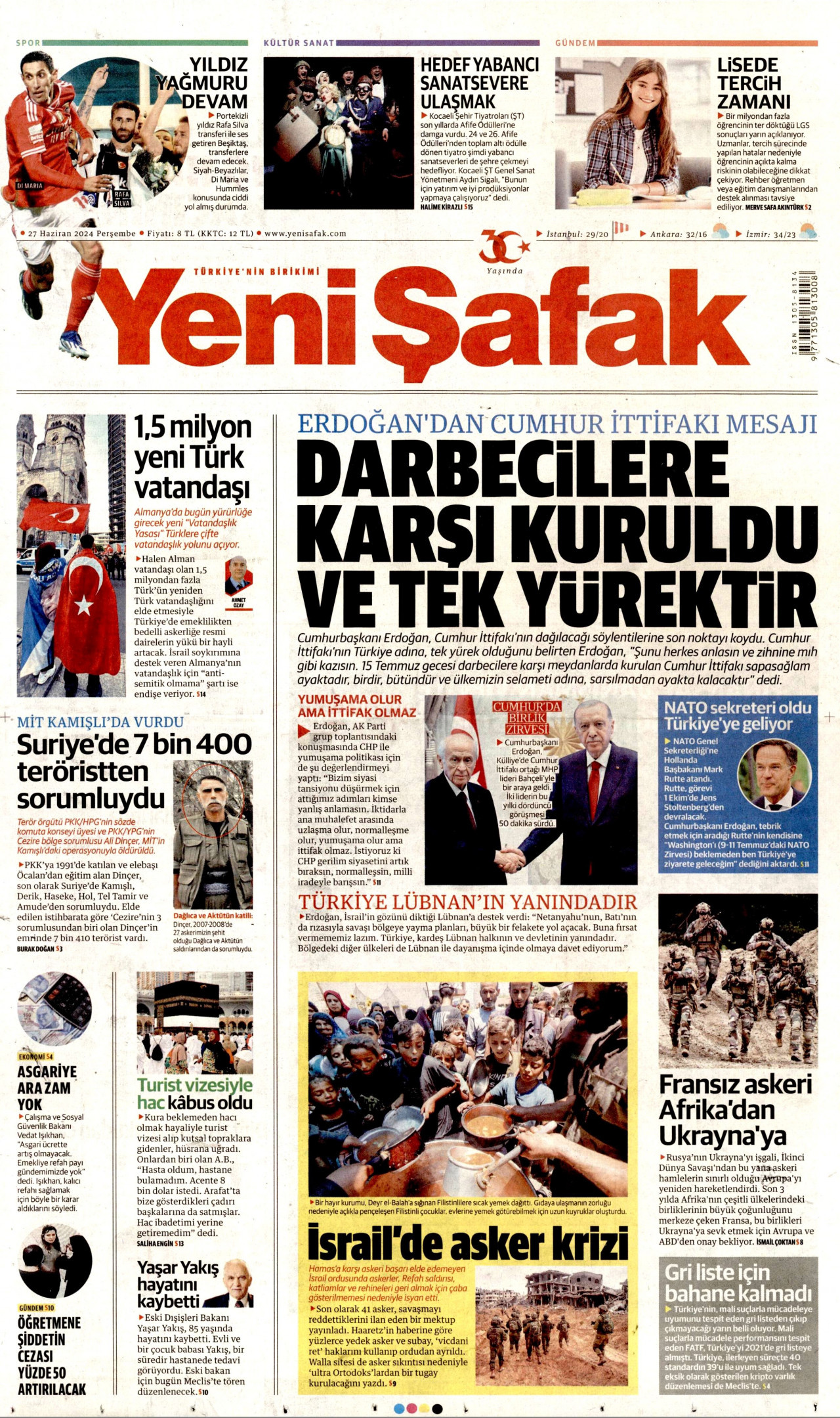 YENİ ŞAFAK gazetesinin 27 Haziran 2024 tarihli birinci sayfası