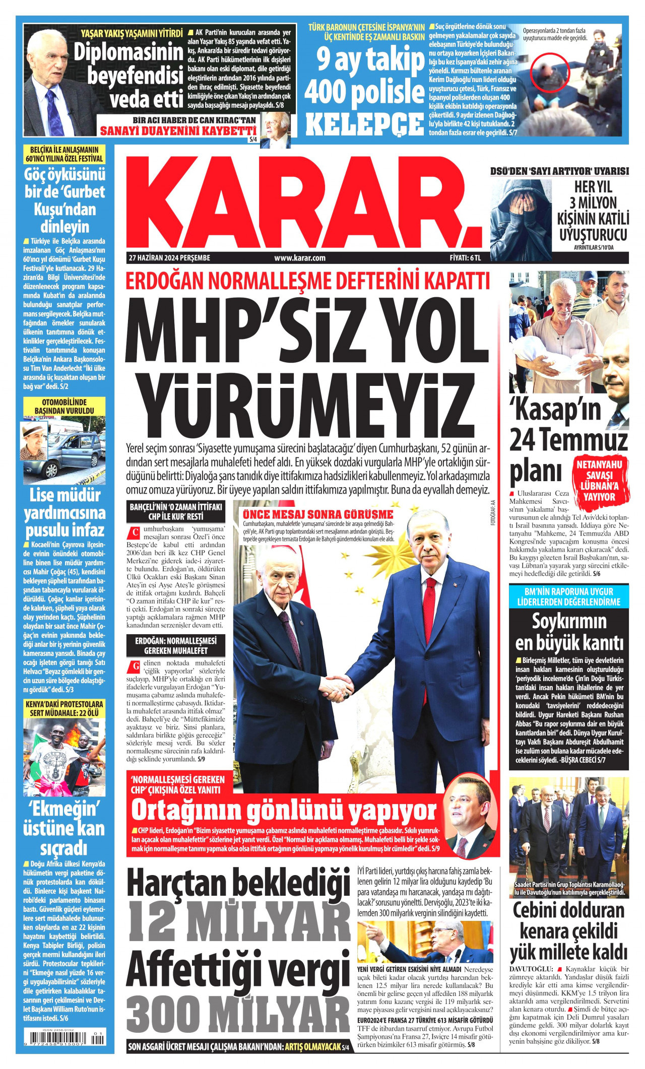 KARAR gazetesinin 27 Haziran 2024 tarihli birinci sayfası