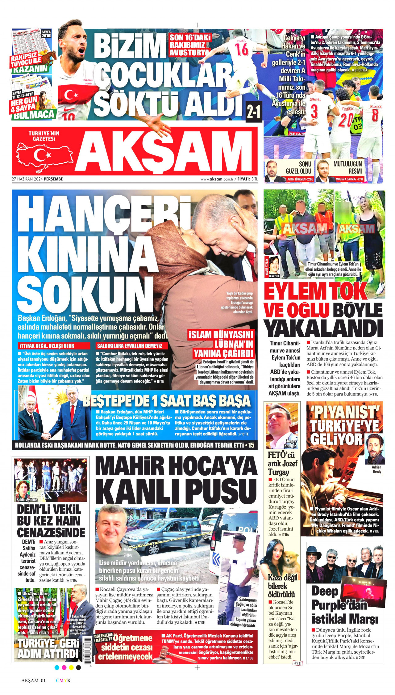 AKŞAM gazetesinin 27 Haziran 2024 tarihli birinci sayfası