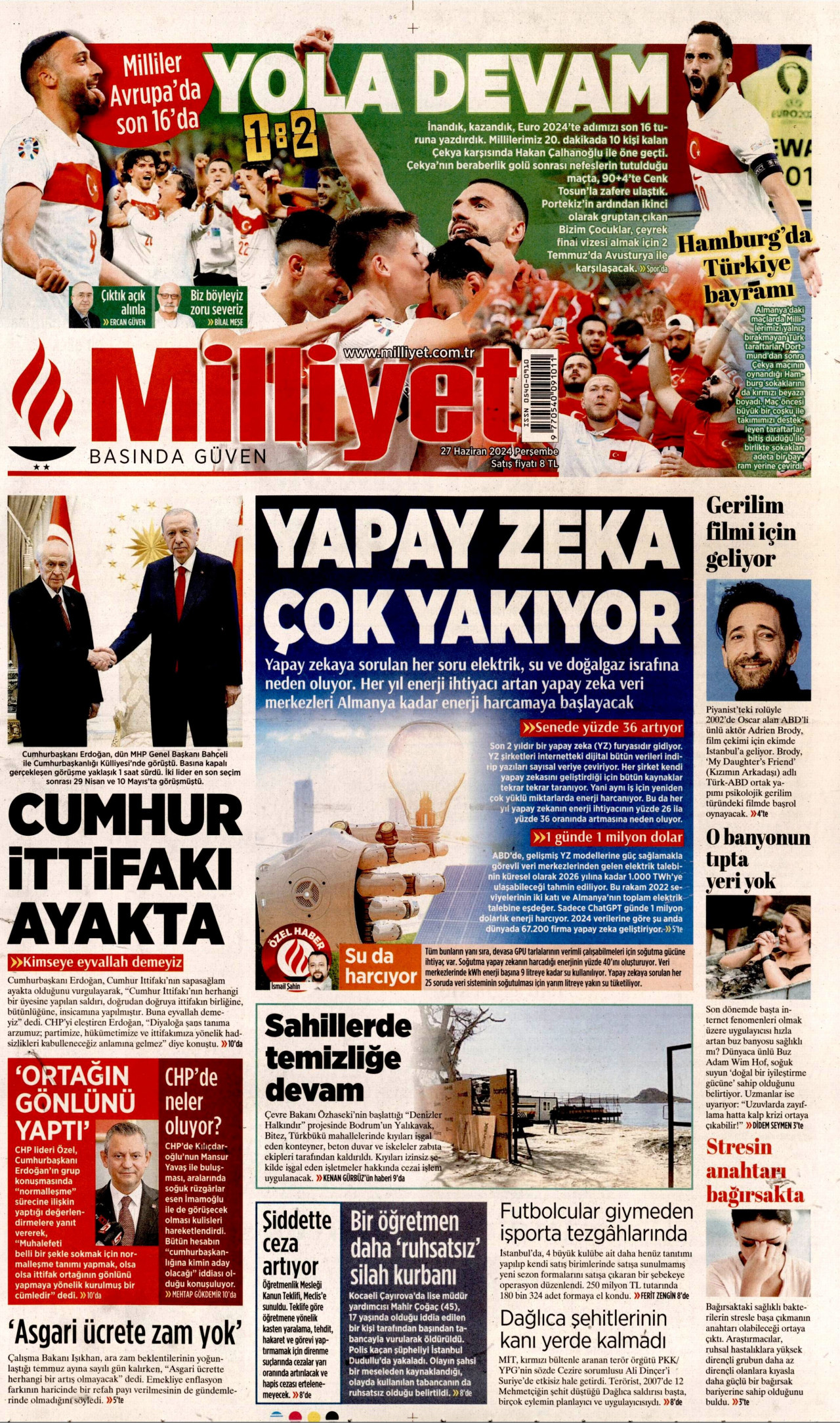 MİLLİYET gazetesinin 27 Haziran 2024 tarihli birinci sayfası