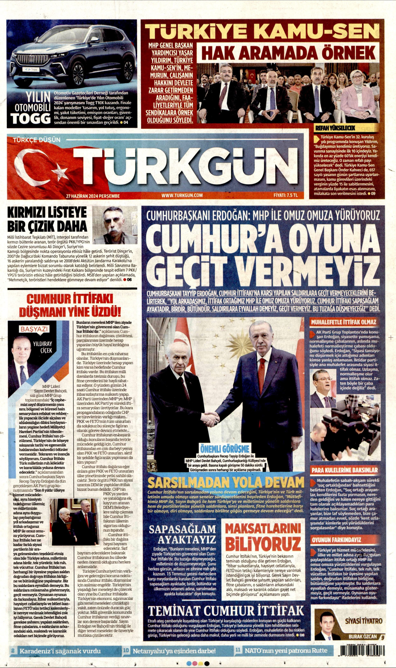 TÜRKGÜN gazetesinin 27 Haziran 2024 tarihli birinci sayfası