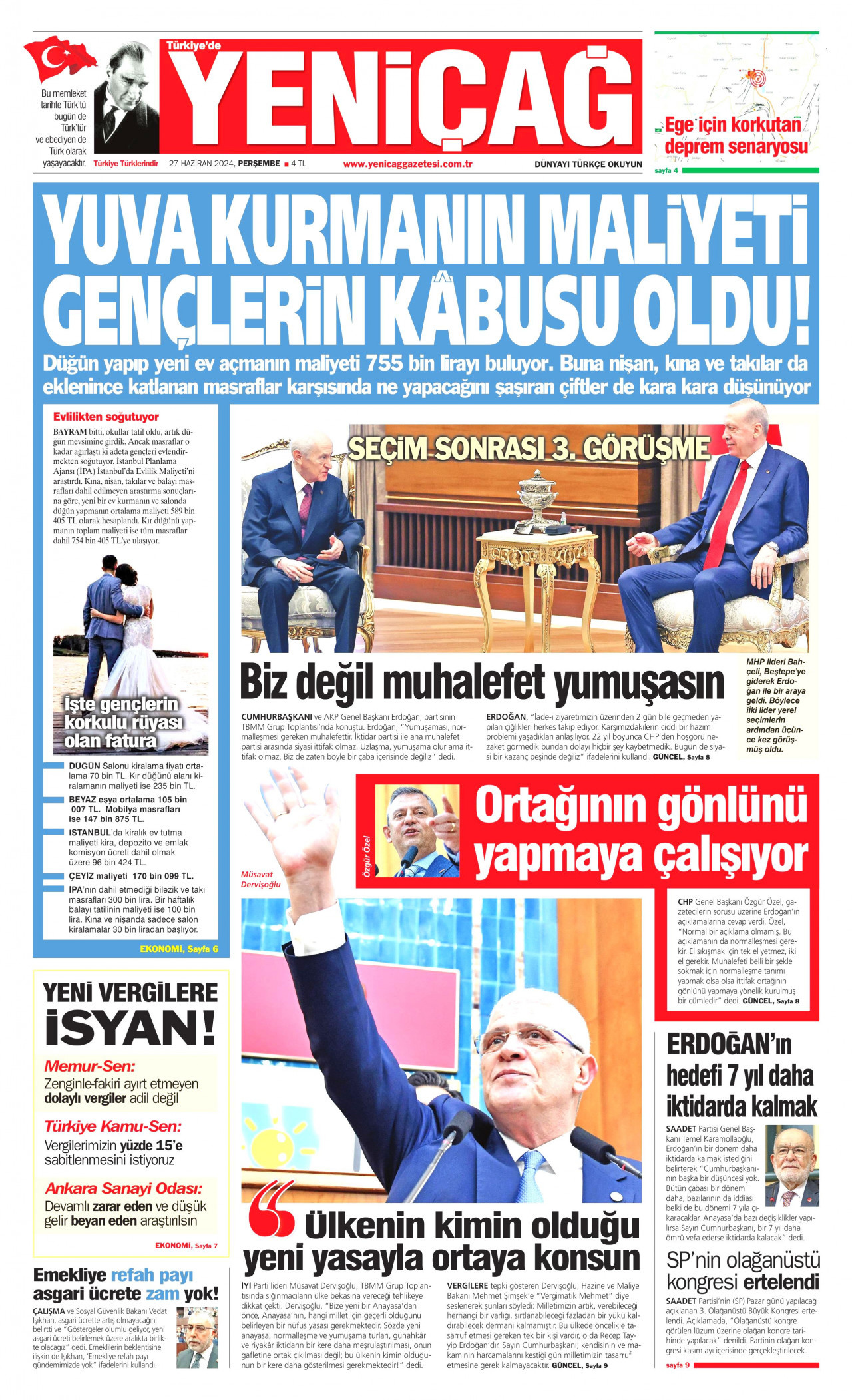 YENİÇAĞ gazetesinin 27 Haziran 2024 tarihli birinci sayfası