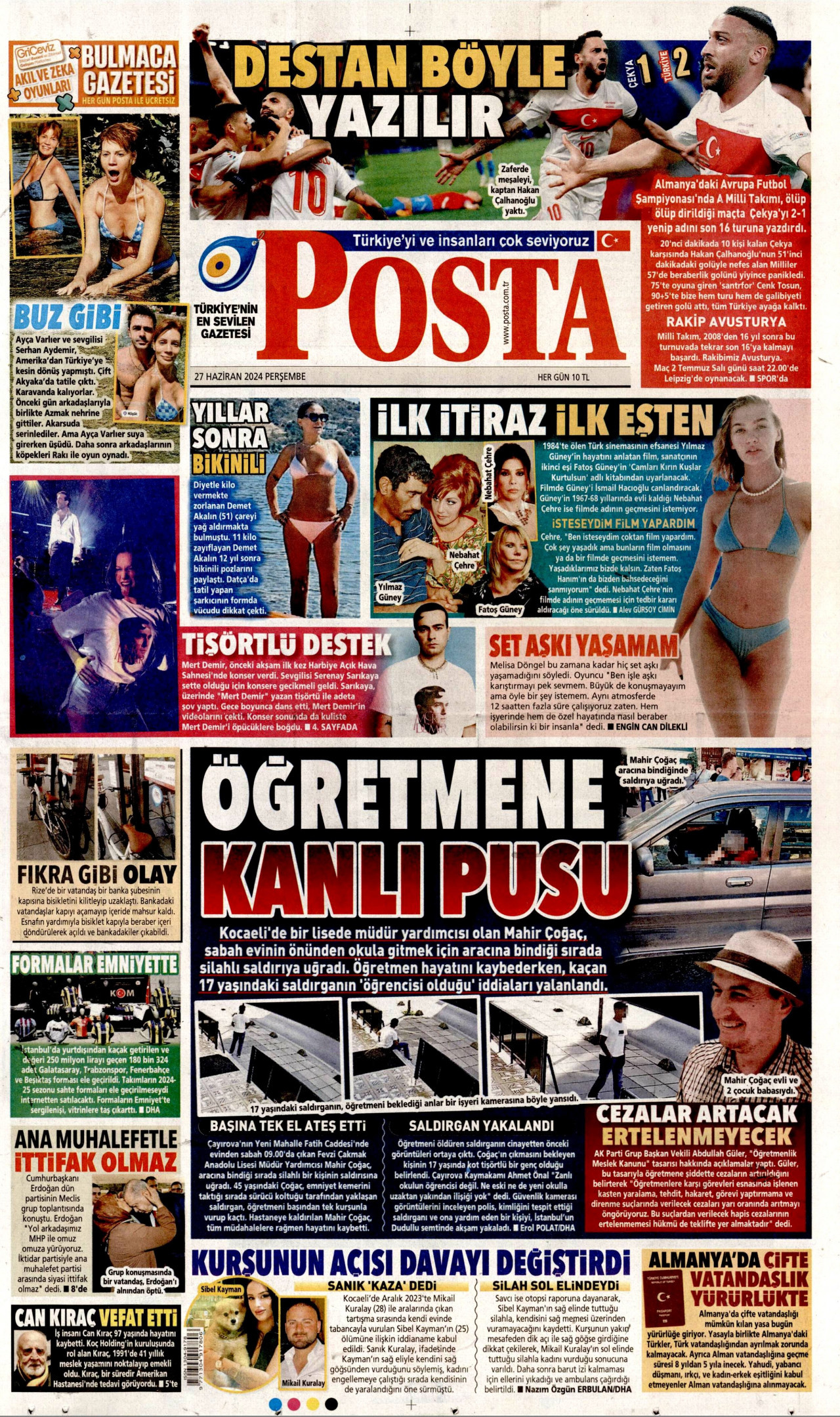 POSTA gazetesinin 27 Haziran 2024 tarihli birinci sayfası