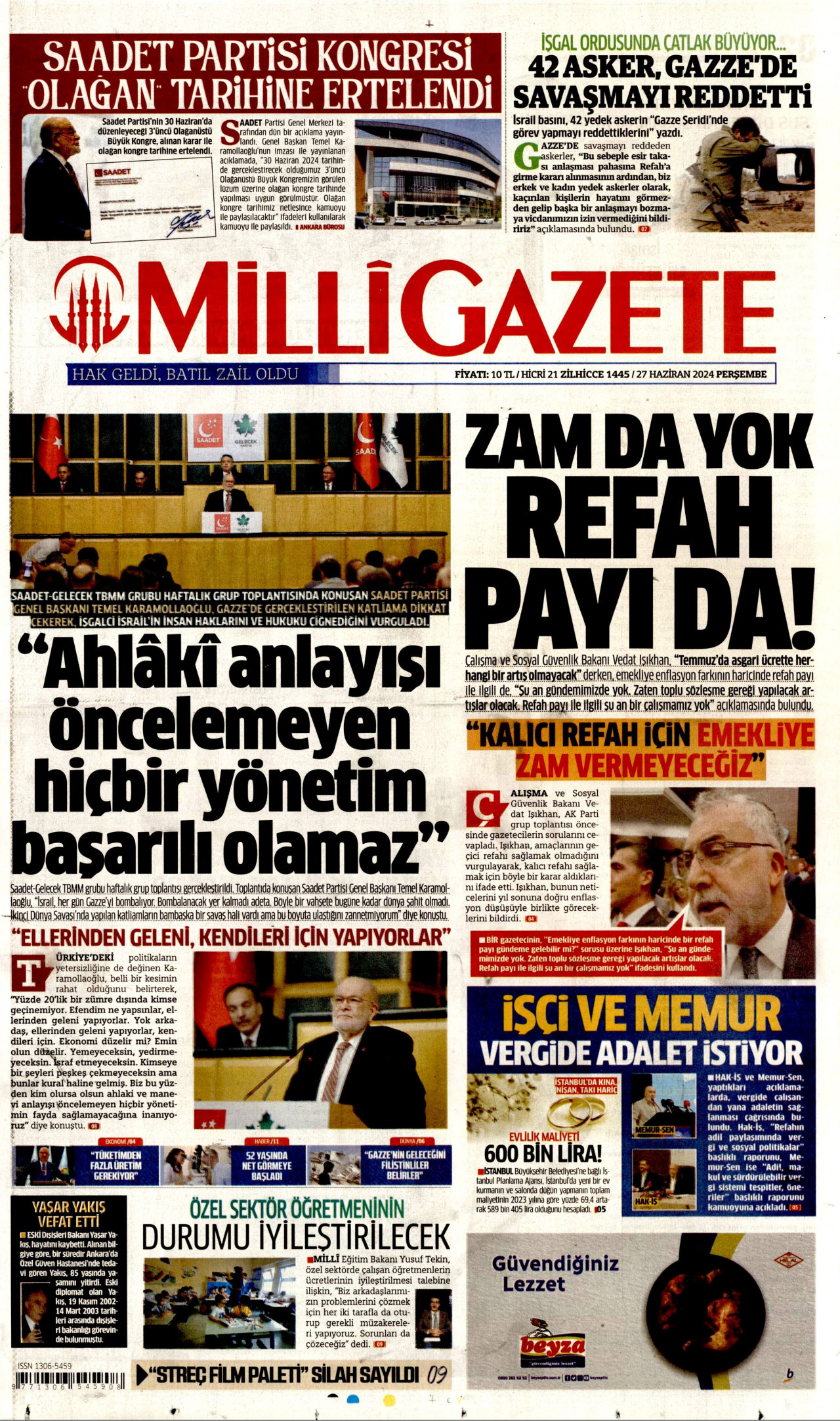 MİLLİ GAZETE gazetesinin 27 Haziran 2024 tarihli birinci sayfası