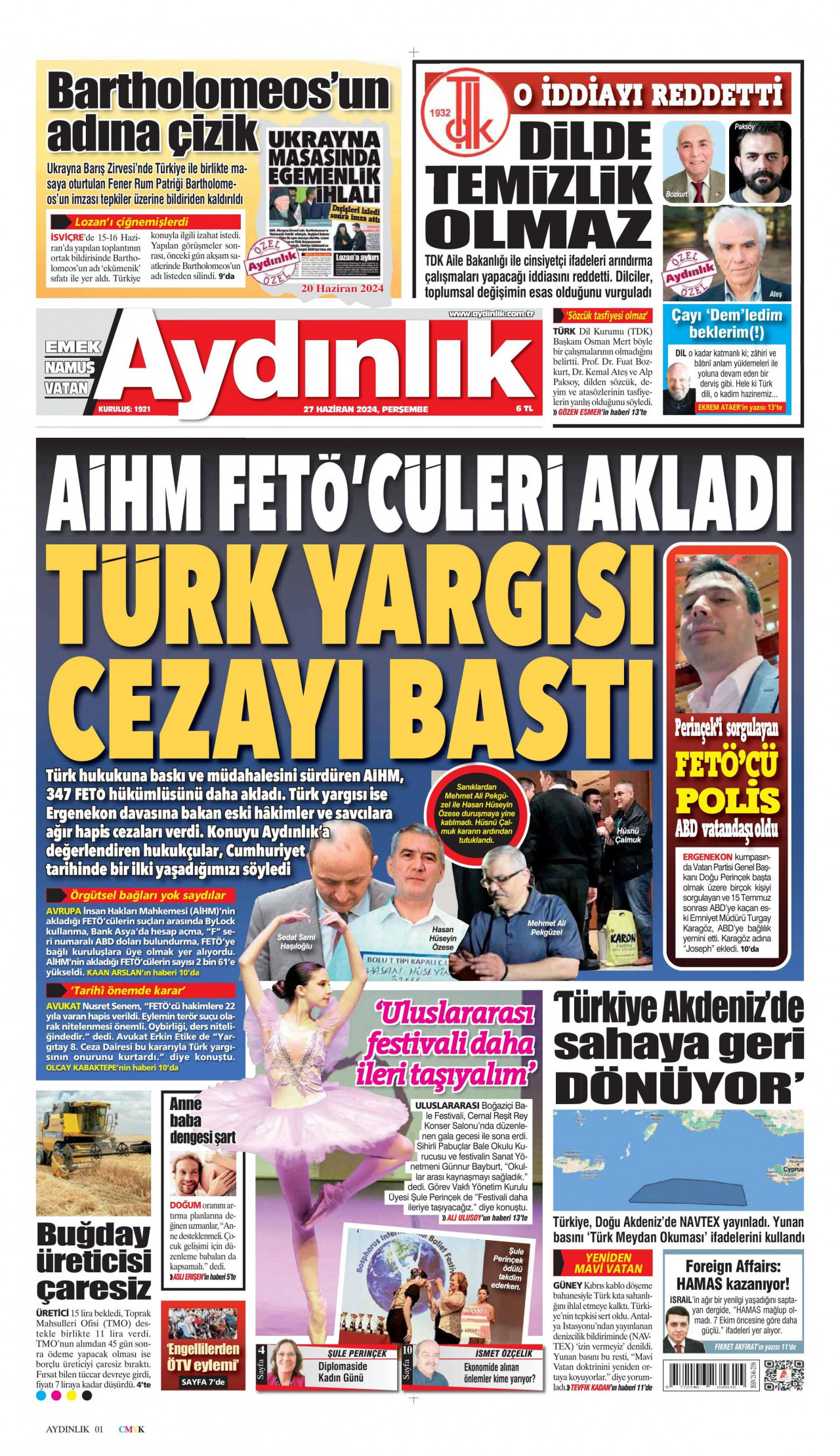 AYDINLIK GAZETESİ gazetesinin 27 Haziran 2024 tarihli birinci sayfası