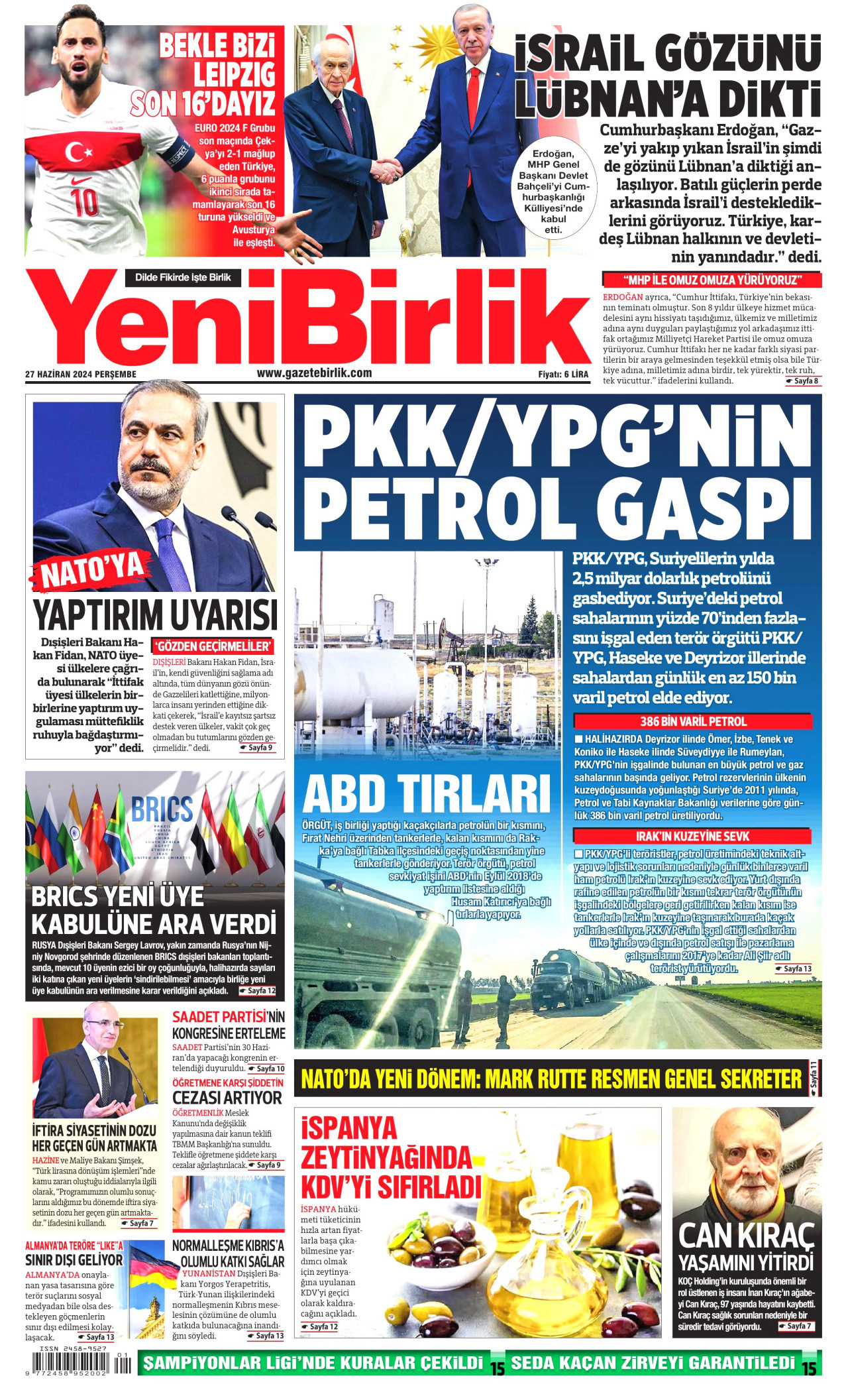 YENİBİRLİK gazetesinin 27 Haziran 2024 tarihli birinci sayfası