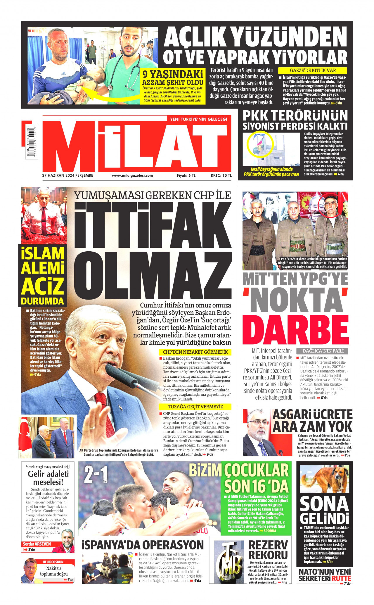 MİLAT gazetesinin 27 Haziran 2024 tarihli birinci sayfası