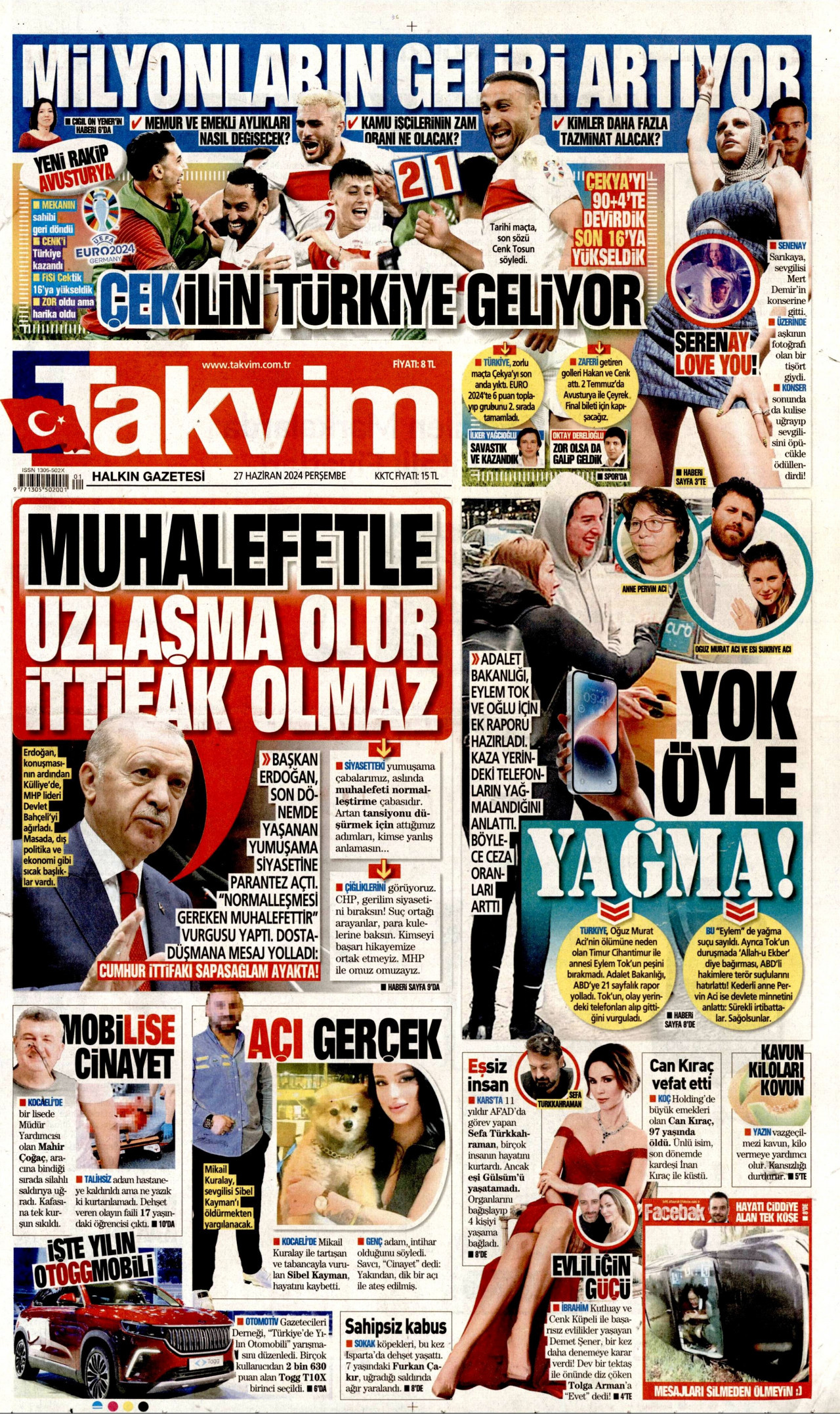 TAKVİM gazetesinin 27 Haziran 2024 tarihli birinci sayfası