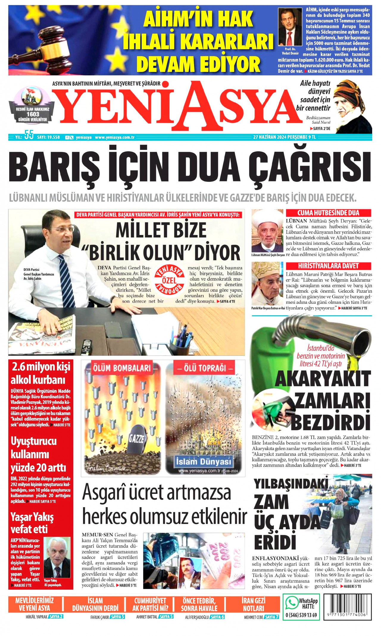 YENİ ASYA gazetesinin 27 Haziran 2024 tarihli birinci sayfası