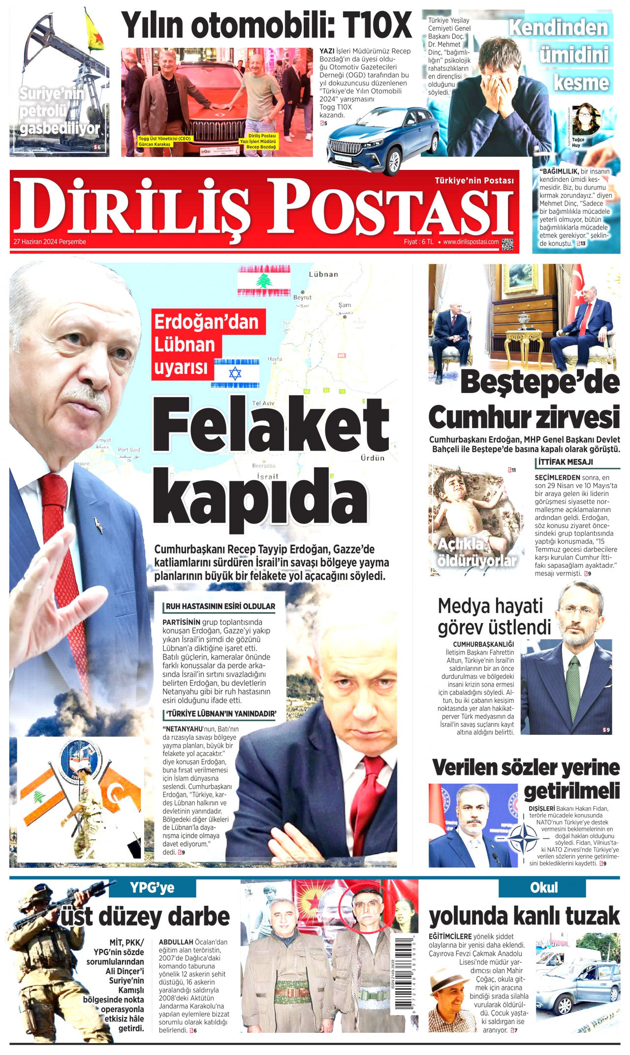 DİRİLİŞ POSTASI gazetesinin 27 Haziran 2024 tarihli birinci sayfası