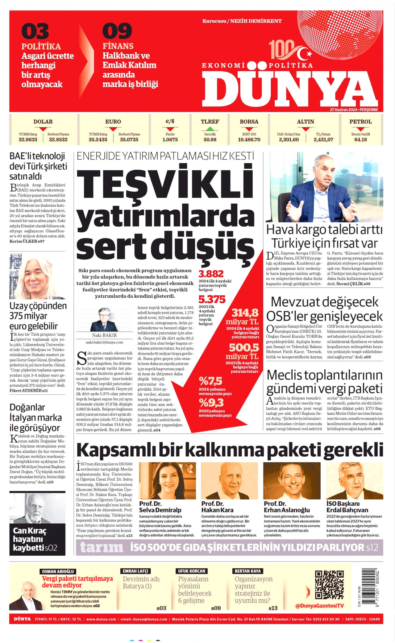 DÜNYA gazetesinin 27 Haziran 2024 tarihli birinci sayfası