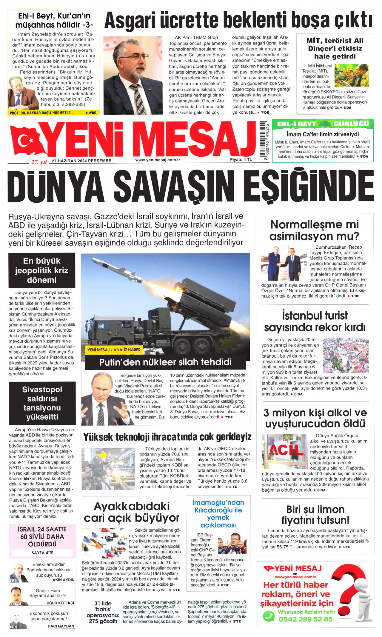 YENİ MESAJ gazetesinin 27 Haziran 2024 tarihli birinci sayfası