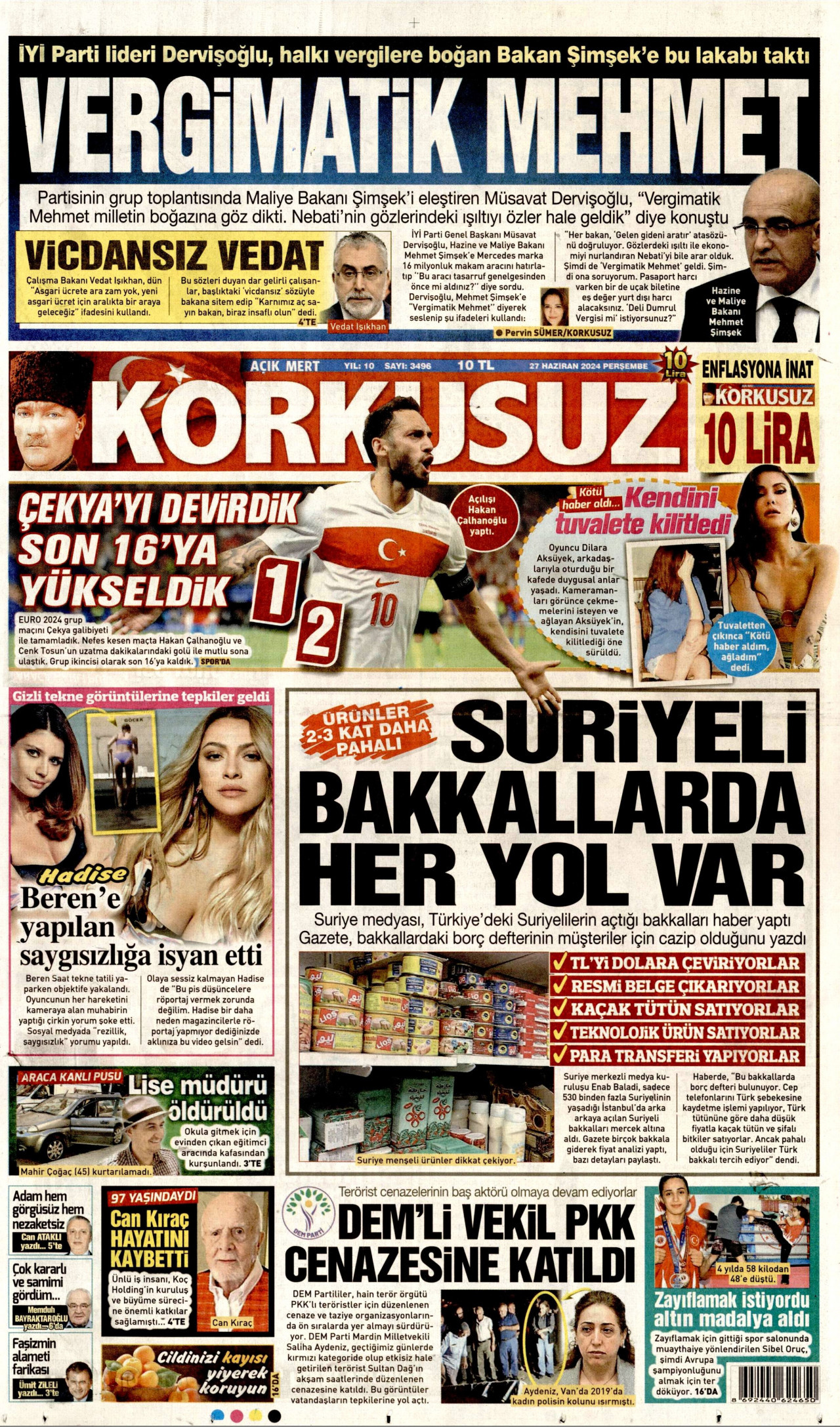 KORKUSUZ gazetesinin 27 Haziran 2024 tarihli birinci sayfası